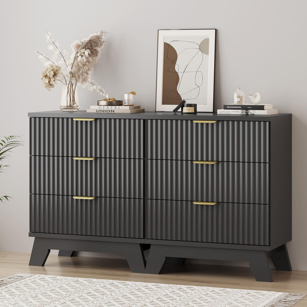 Fluted Dresser for Bedroom with 9 Drawers, 57" Wide Modern Chest of Drawers with Metal Handle, Wooden Dresser TV Stand, Wood Closet Clothes Storage Organizer for Living Room, Hallway, Natural Oak