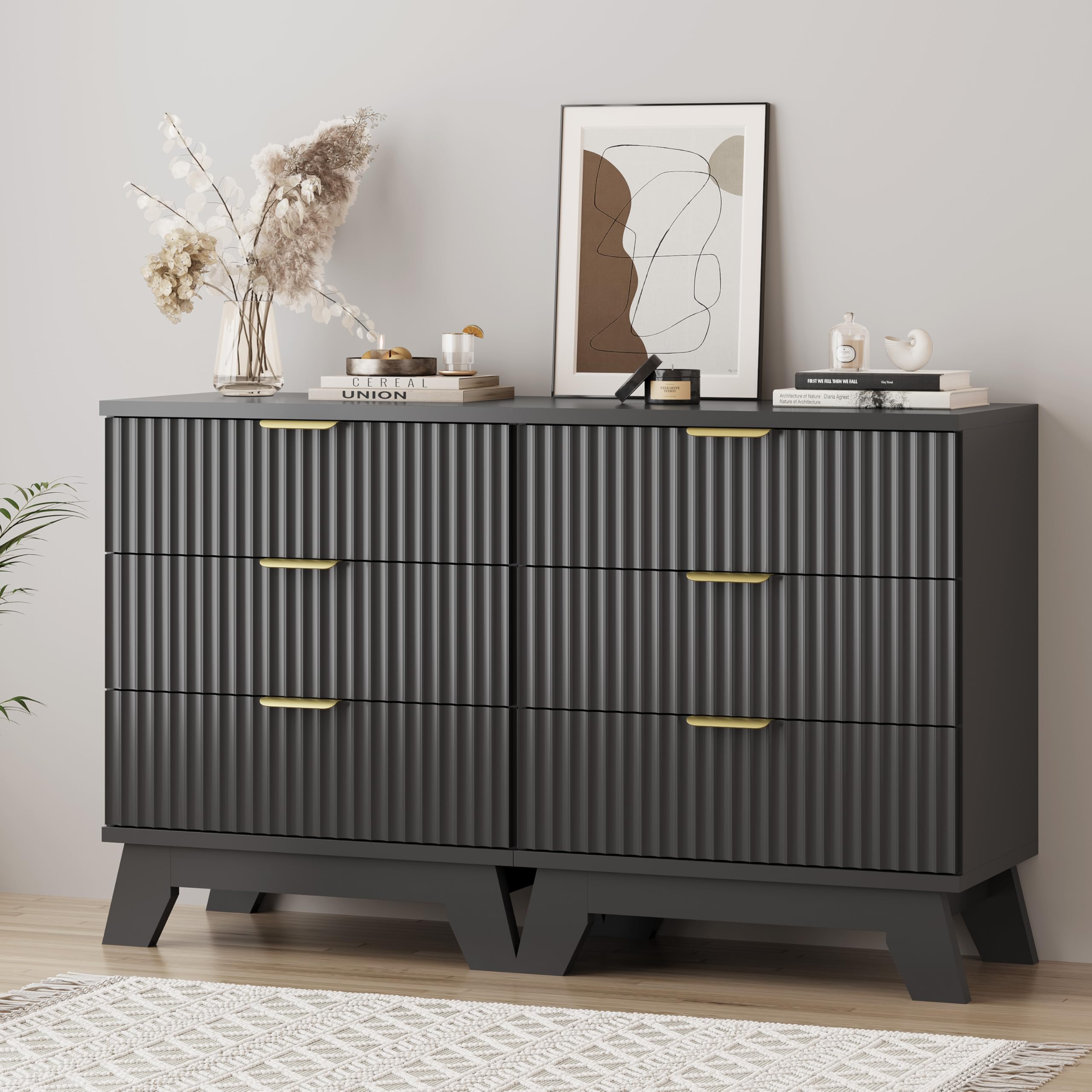 Fluted Dresser for Bedroom with 9 Drawers, 57" Wide Modern Chest of Drawers with Metal Handle, Wooden Dresser TV Stand, Wood Closet Clothes Storage Organizer for Living Room, Hallway, Natural Oak