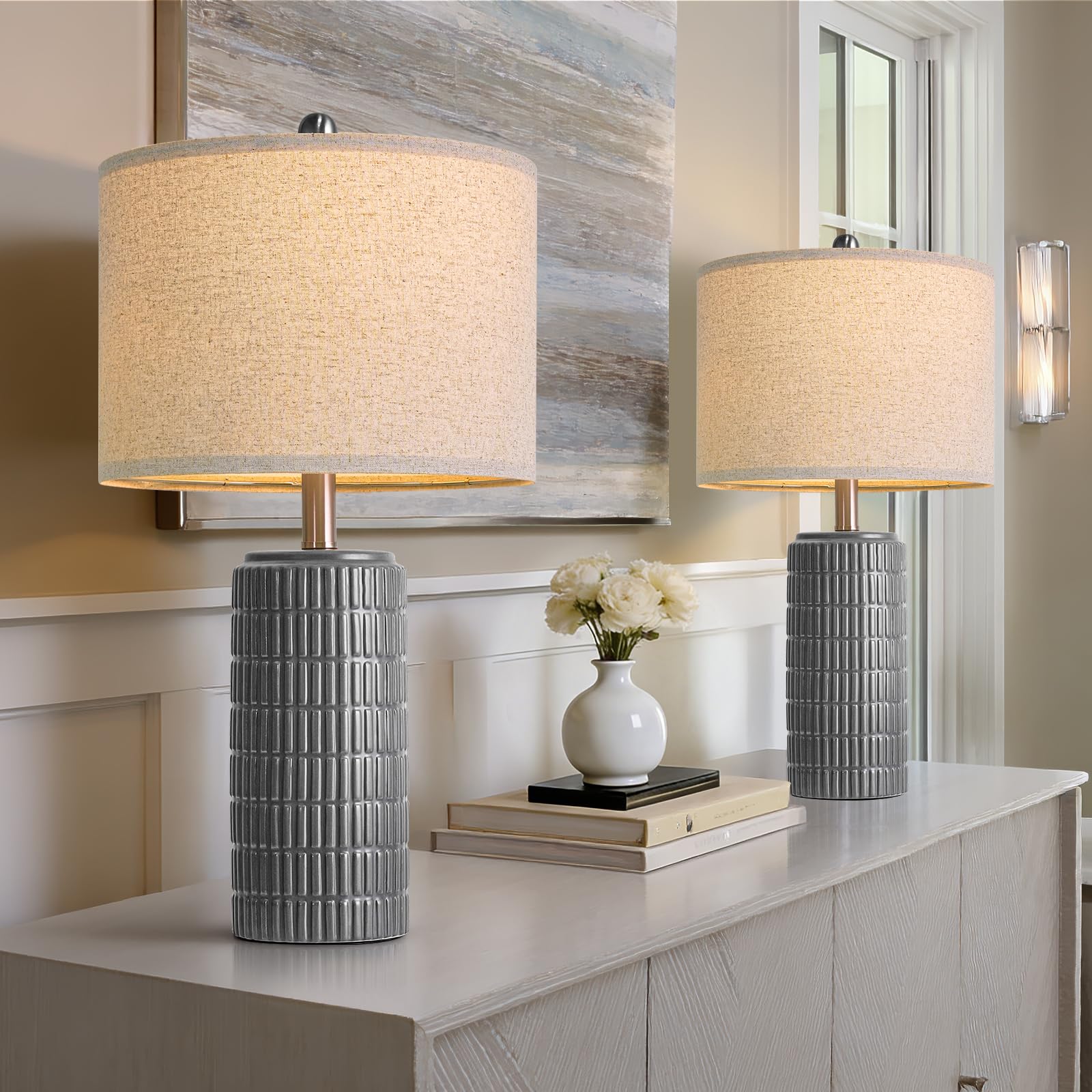 PoKat 23" Modern Ceramic Table Lamp Set of 2 for Living Room White Desk Lamps for Bedroom Farmhouse Bedside Nightstand Lamp House Warming Gifts New Home Decor End Table Lamps Gifts for Women Mom Beige