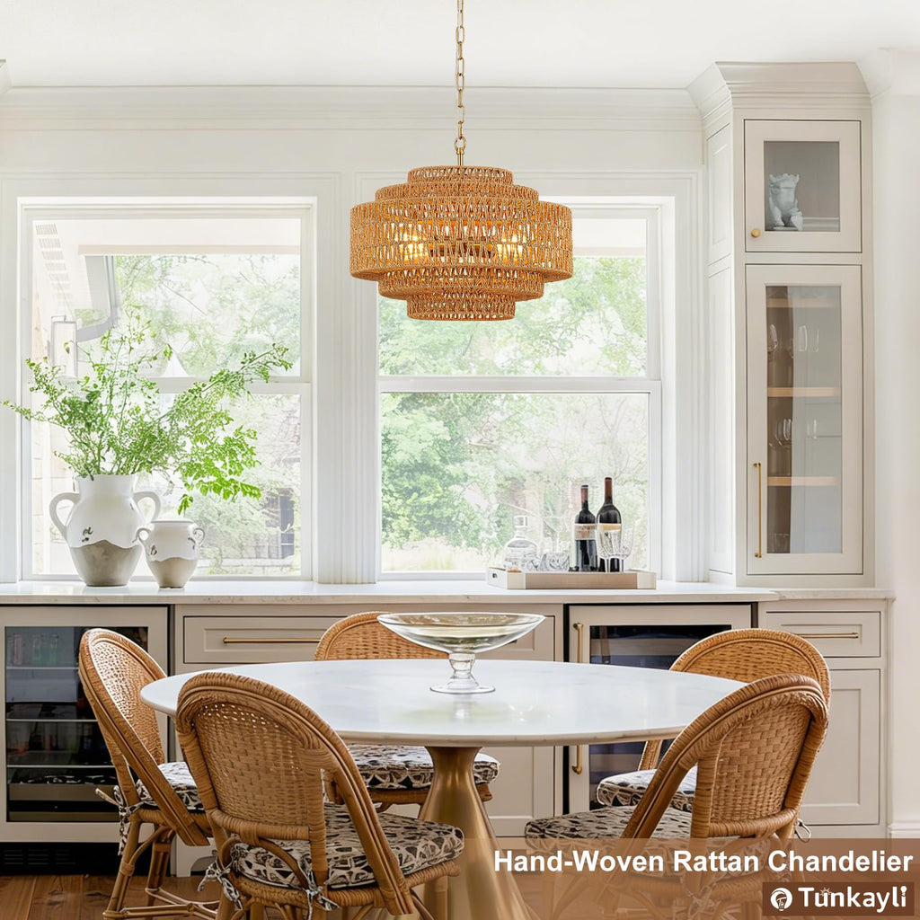 Hand-Woven Rattan Chandelier Large Boho Chandelier Living Room 25.6in Coastal 6-Light Farmhouse Vintage Wicker Bamboo Chandeliers for Bedroom Dining Room Stairway