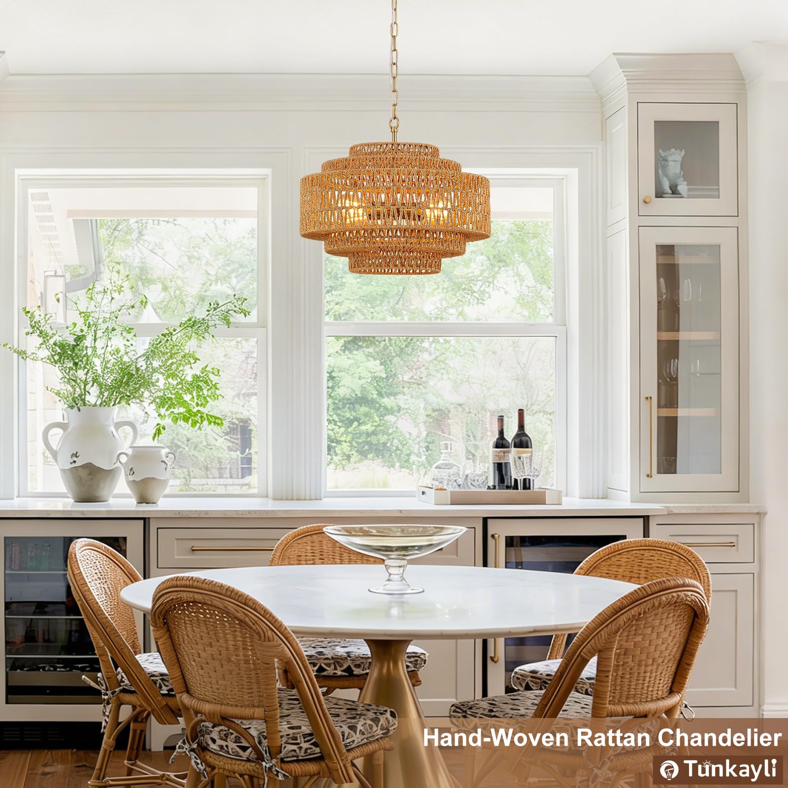Hand-Woven Rattan Chandelier Large Boho Chandelier Living Room 25.6in Coastal 6-Light Farmhouse Vintage Wicker Bamboo Chandeliers for Bedroom Dining Room Stairway