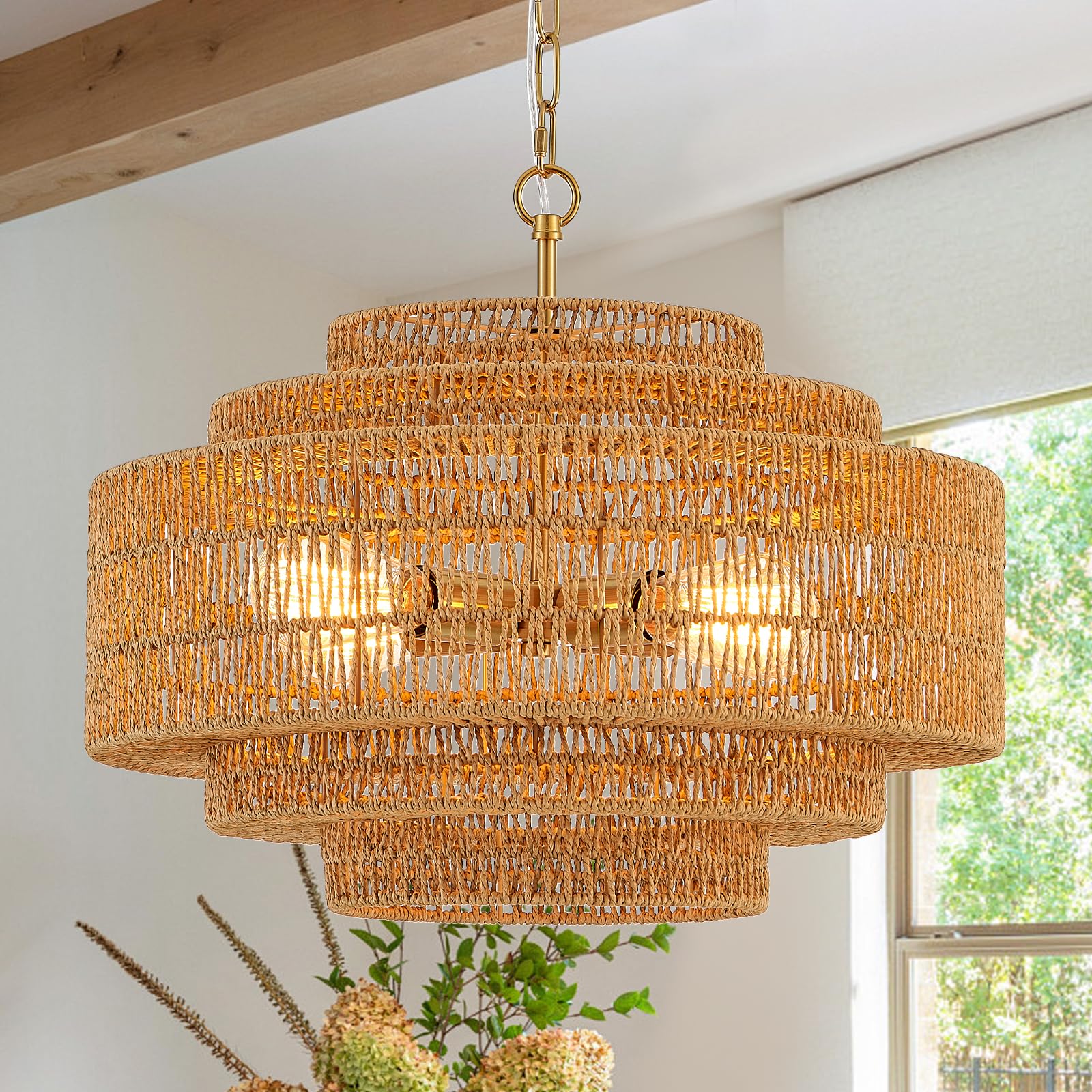 Hand-Woven Rattan Chandelier Large Boho Chandelier Living Room 25.6in Coastal 6-Light Farmhouse Vintage Wicker Bamboo Chandeliers for Bedroom Dining Room Stairway