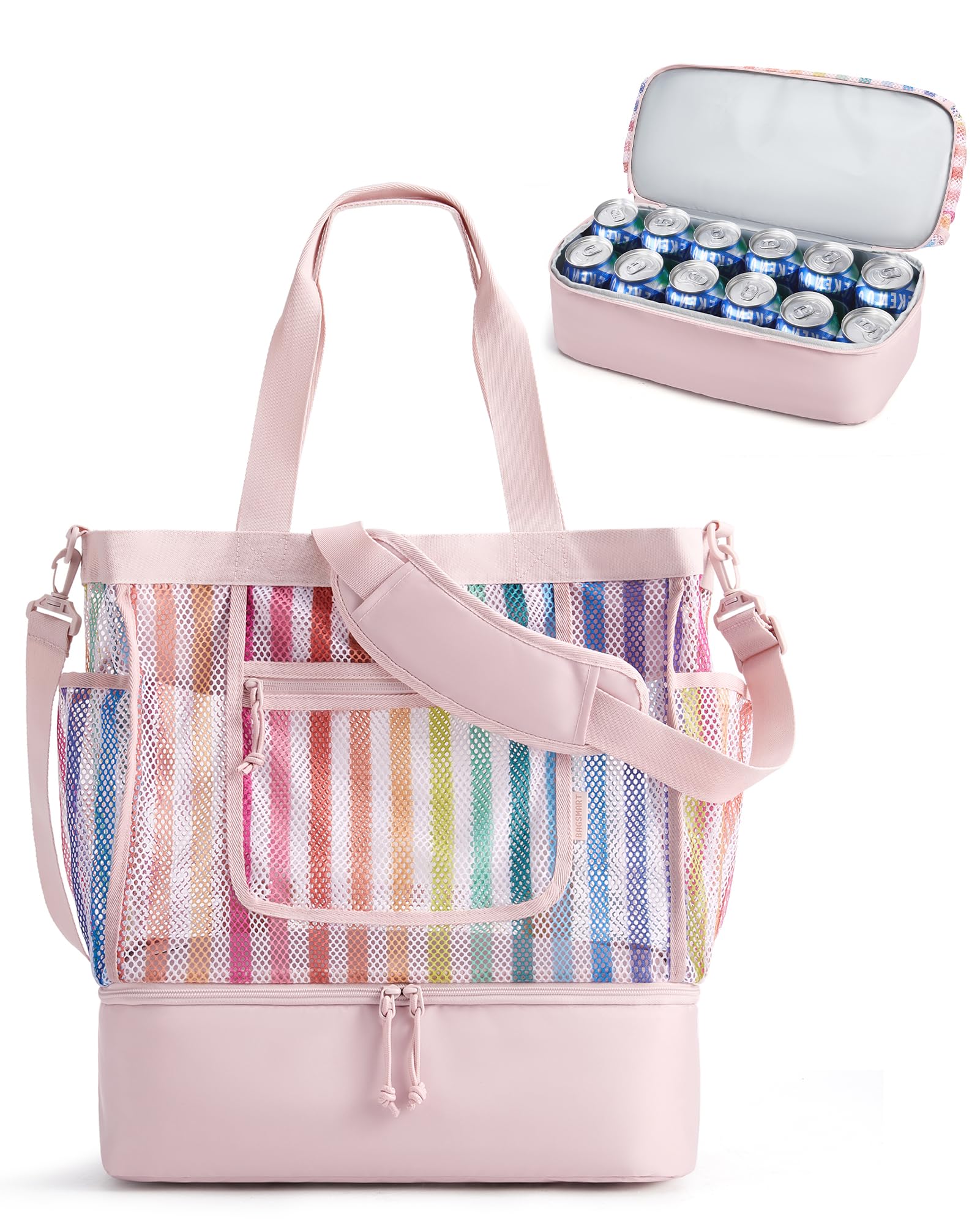 BAGSMART Beach Bag for Women, Mesh Tote Bags with Zipper, Sandproof Vacation Essentials with Cooler for Swim Cruise Pool