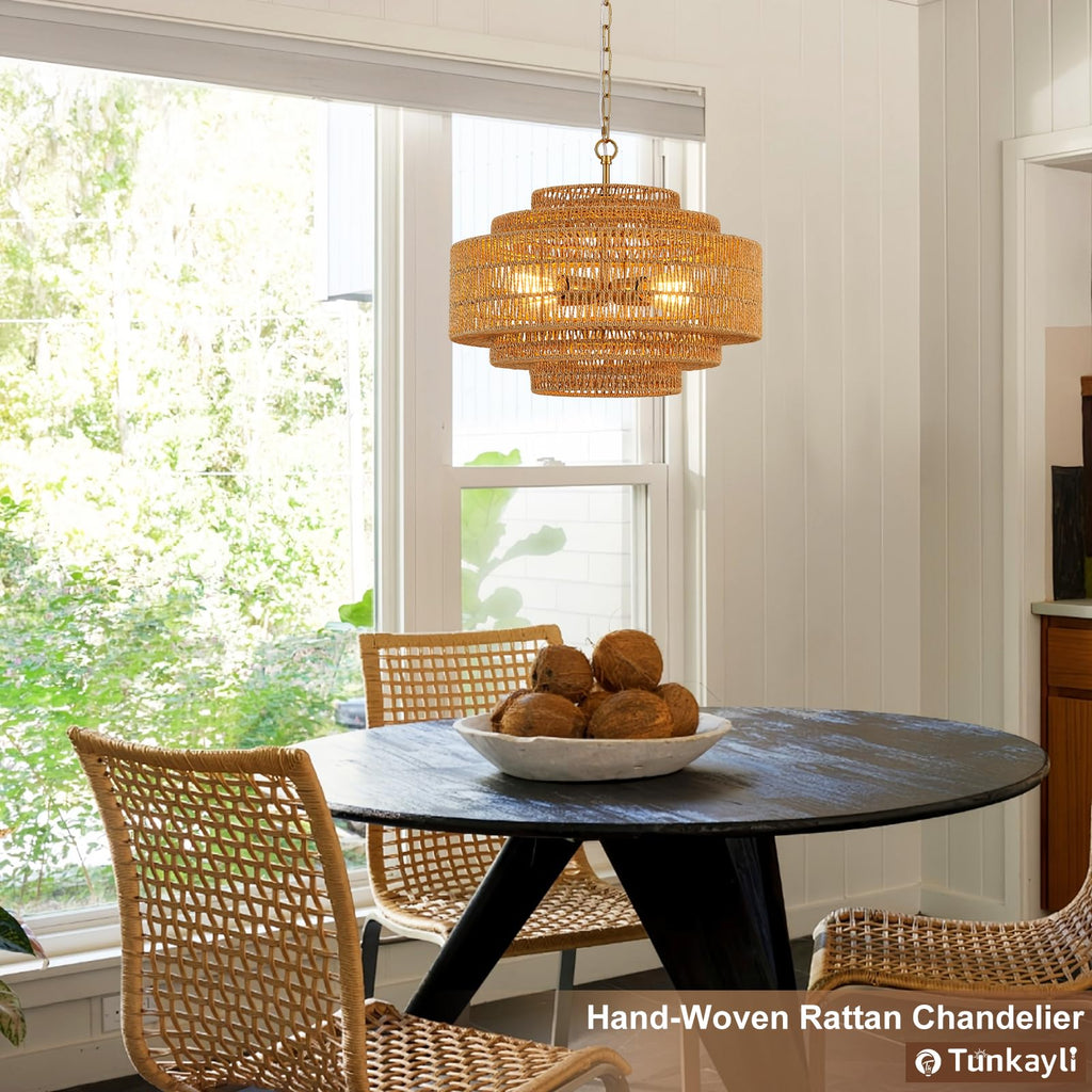 Hand-Woven Rattan Chandelier Large Boho Chandelier Living Room 25.6in Coastal 6-Light Farmhouse Vintage Wicker Bamboo Chandeliers for Bedroom Dining Room Stairway