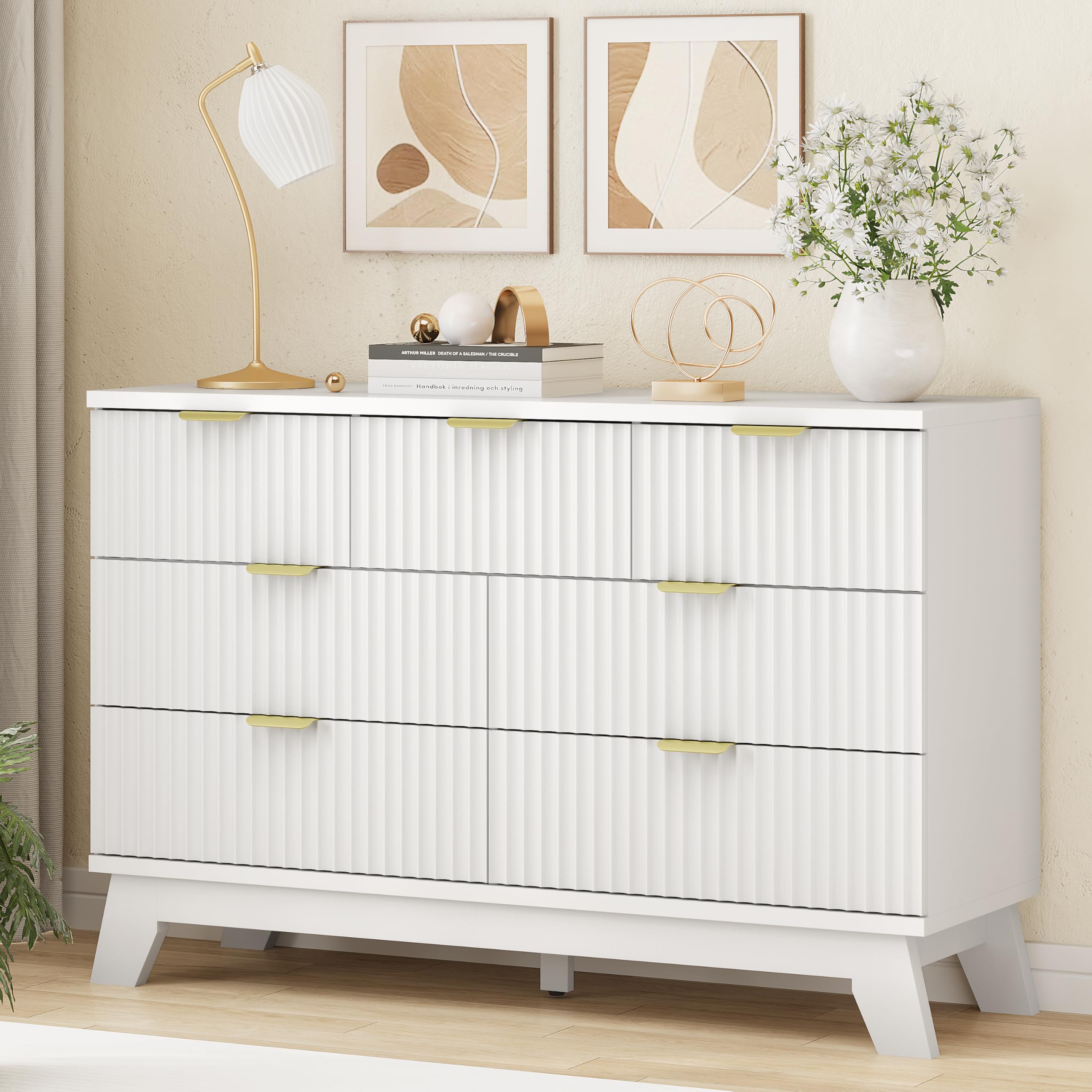 Fluted Dresser for Bedroom with 9 Drawers, 57" Wide Modern Chest of Drawers with Metal Handle, Wooden Dresser TV Stand, Wood Closet Clothes Storage Organizer for Living Room, Hallway, Natural Oak