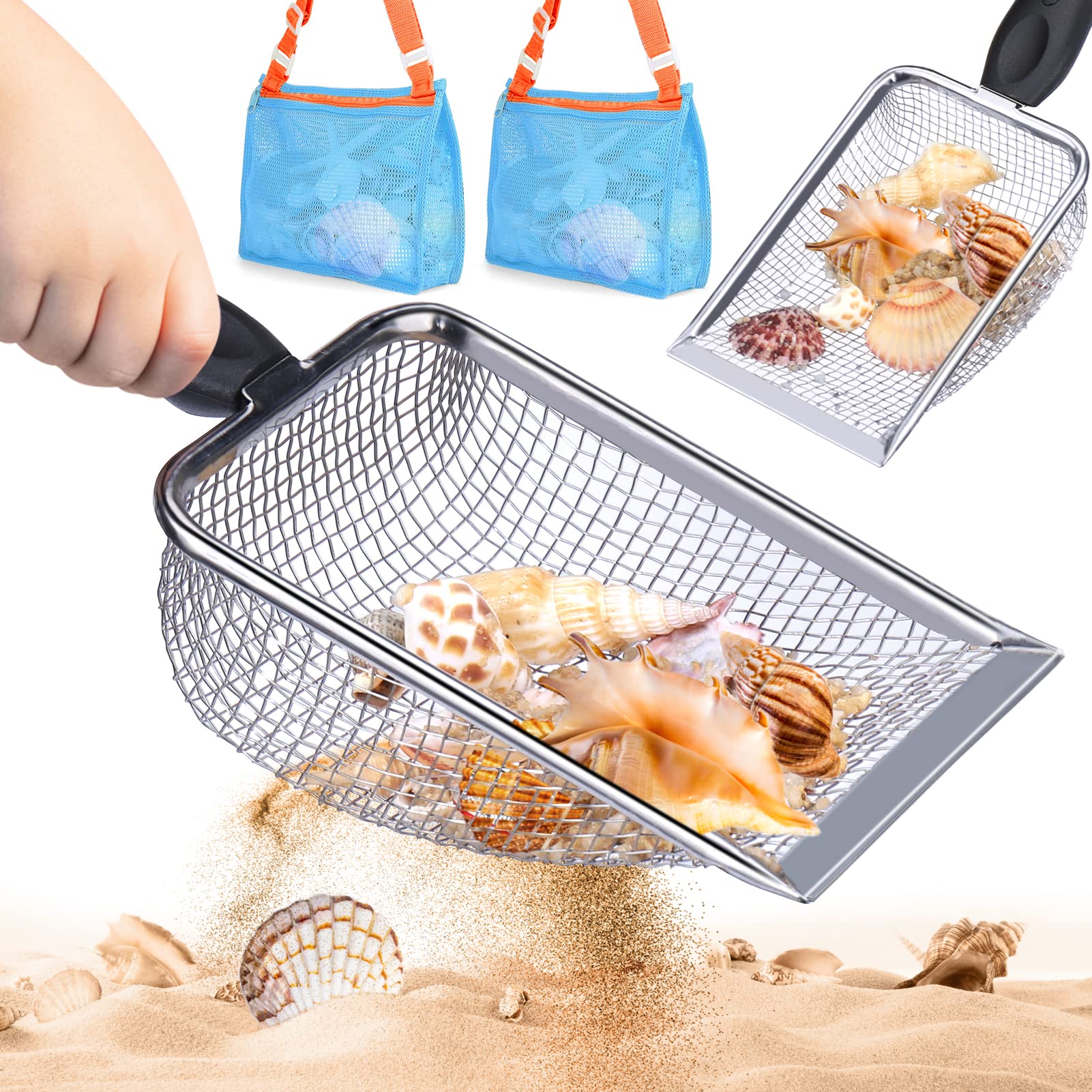 Vodolo Beach Mesh Shovel with Mesh Beach Bag for Shell Collecting, Kids Filter Sand Scooper for Picking Up Shells, Shark Tooth Sifter Dipper for Boys and Girls, Toy