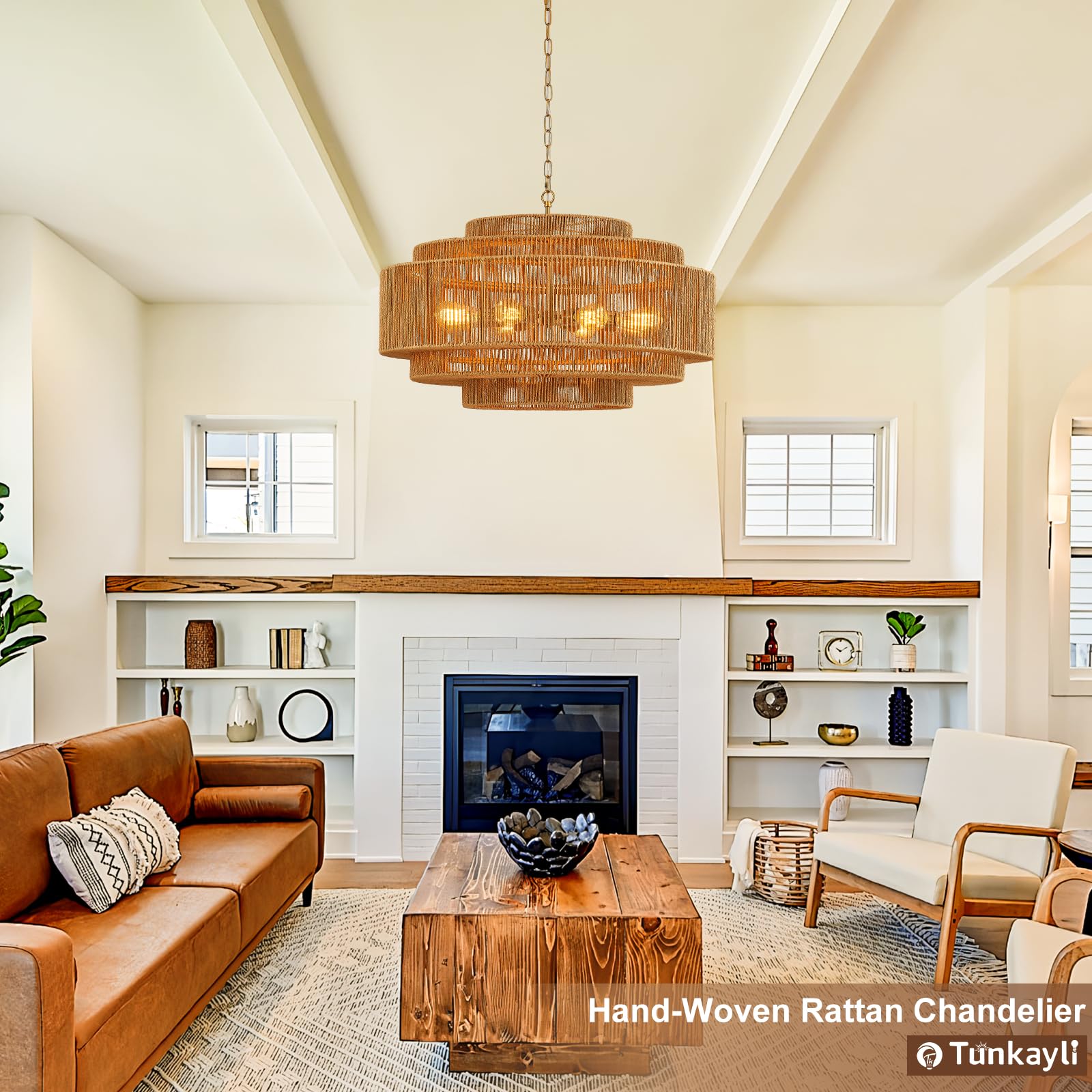 Hand-Woven Rattan Chandelier Large Boho Chandelier Living Room 25.6in Coastal 6-Light Farmhouse Vintage Wicker Bamboo Chandeliers for Bedroom Dining Room Stairway
