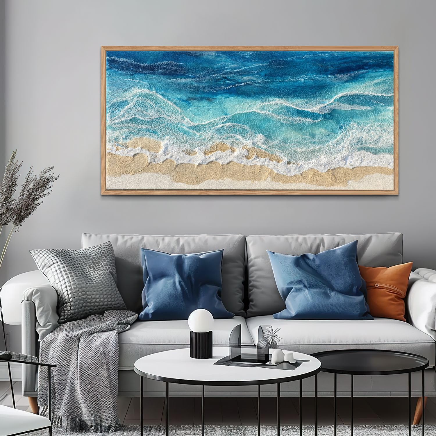 TIHUSAGO Framed Beach Wall Art Large Ocean Canvas Print for Living Room Bedroom Office Modern Coastal Wall Decor Artwork Decoration (24x48 inches)