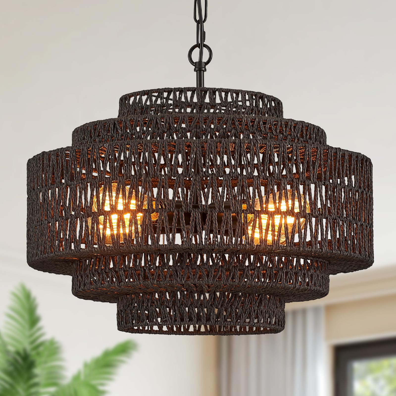 Hand-Woven Rattan Chandelier Large Boho Chandelier Living Room 25.6in Coastal 6-Light Farmhouse Vintage Wicker Bamboo Chandeliers for Bedroom Dining Room Stairway