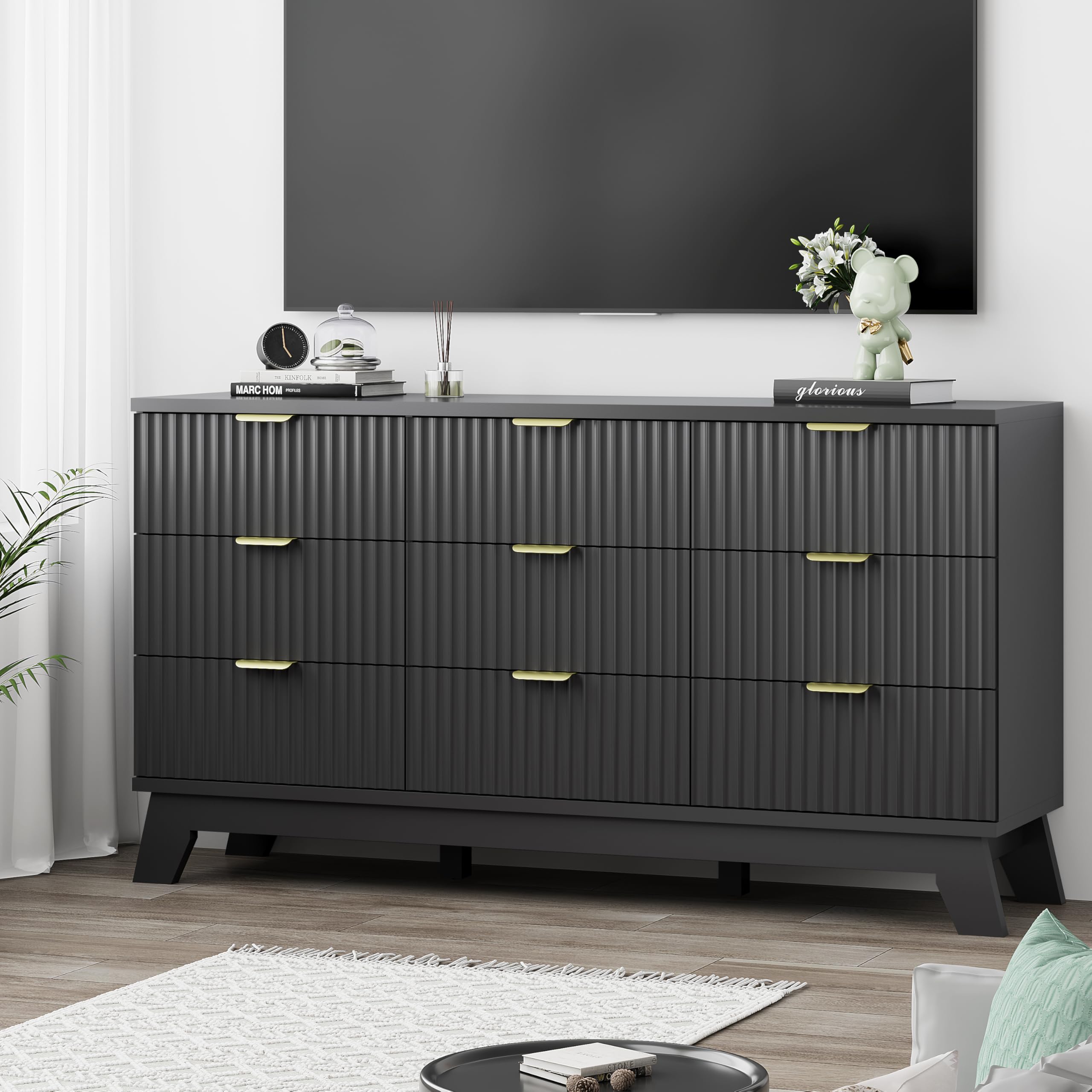 Fluted Dresser for Bedroom with 9 Drawers, 57" Wide Modern Chest of Drawers with Metal Handle, Wooden Dresser TV Stand, Wood Closet Clothes Storage Organizer for Living Room, Hallway, Natural Oak