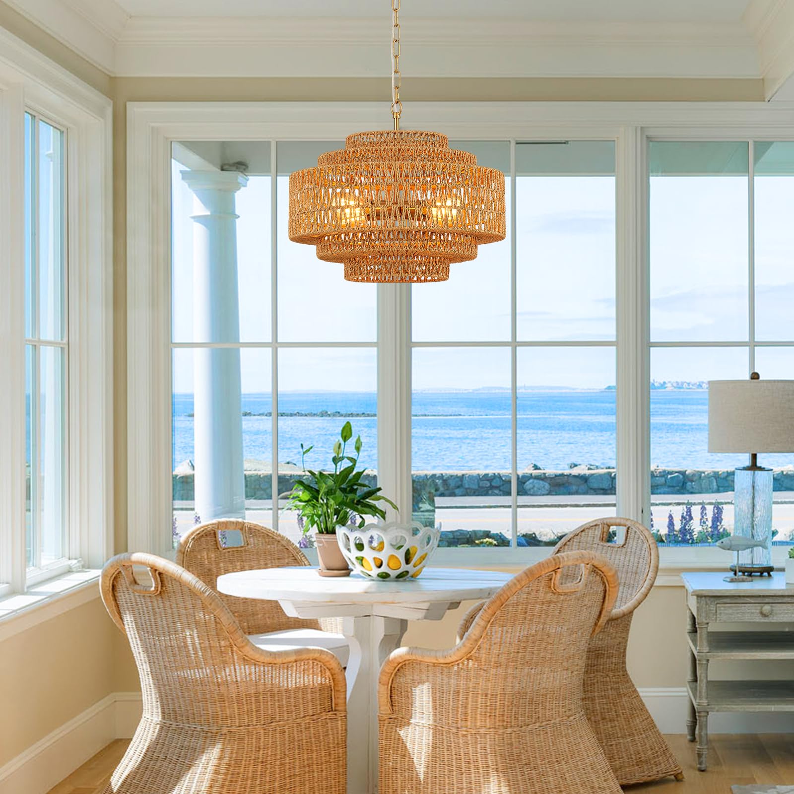 Hand-Woven Rattan Chandelier Large Boho Chandelier Living Room 25.6in Coastal 6-Light Farmhouse Vintage Wicker Bamboo Chandeliers for Bedroom Dining Room Stairway