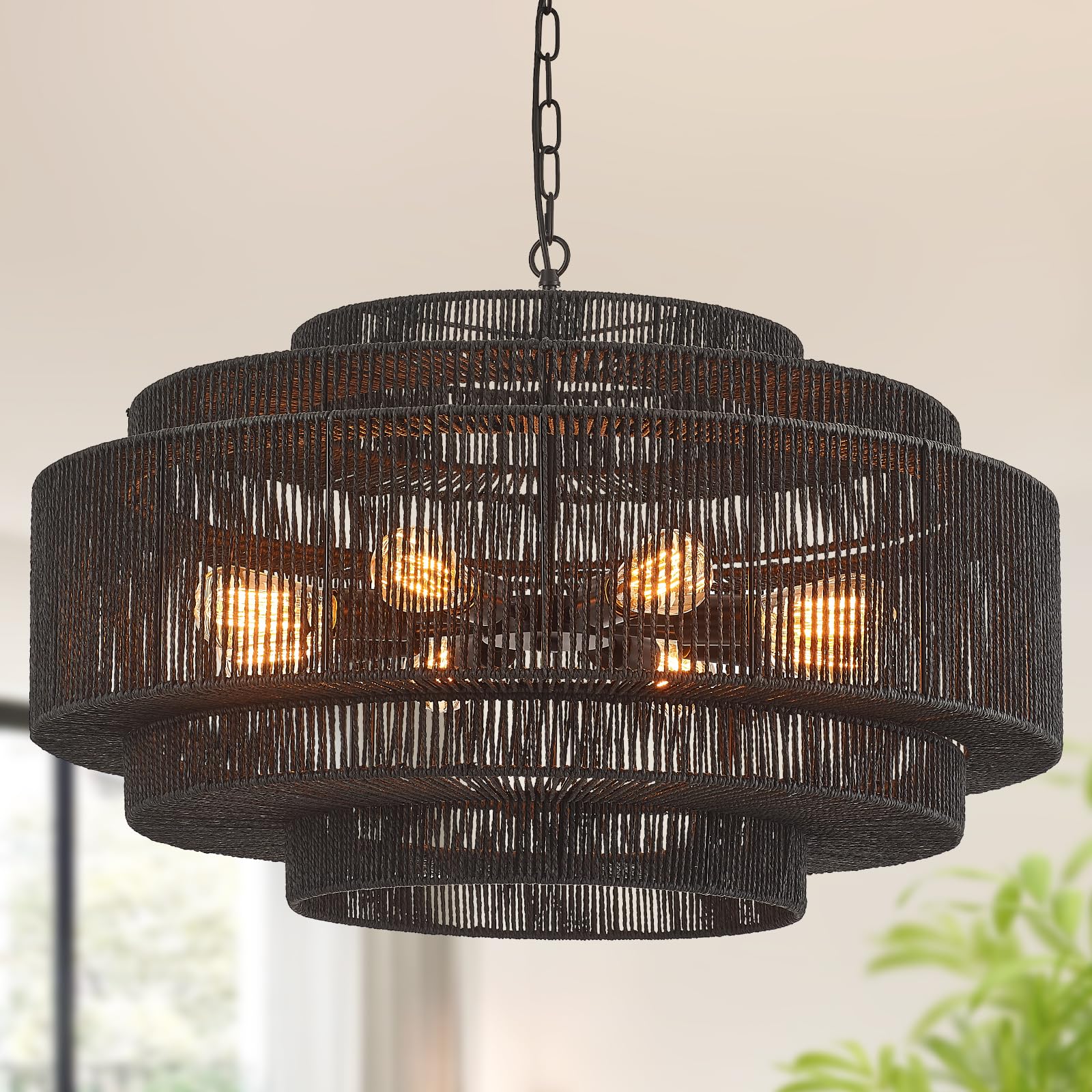 Hand-Woven Rattan Chandelier Large Boho Chandelier Living Room 25.6in Coastal 6-Light Farmhouse Vintage Wicker Bamboo Chandeliers for Bedroom Dining Room Stairway