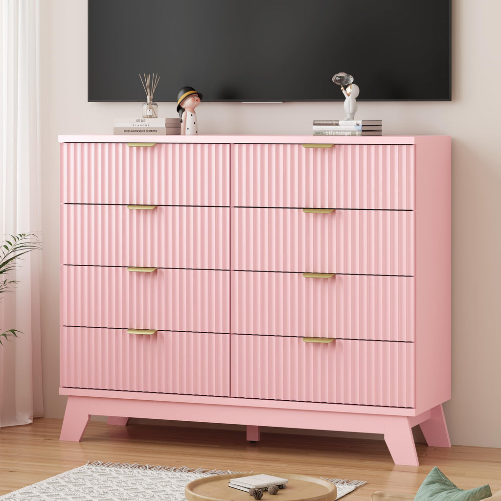 Fluted Dresser for Bedroom with 9 Drawers, 57" Wide Modern Chest of Drawers with Metal Handle, Wooden Dresser TV Stand, Wood Closet Clothes Storage Organizer for Living Room, Hallway, Natural Oak