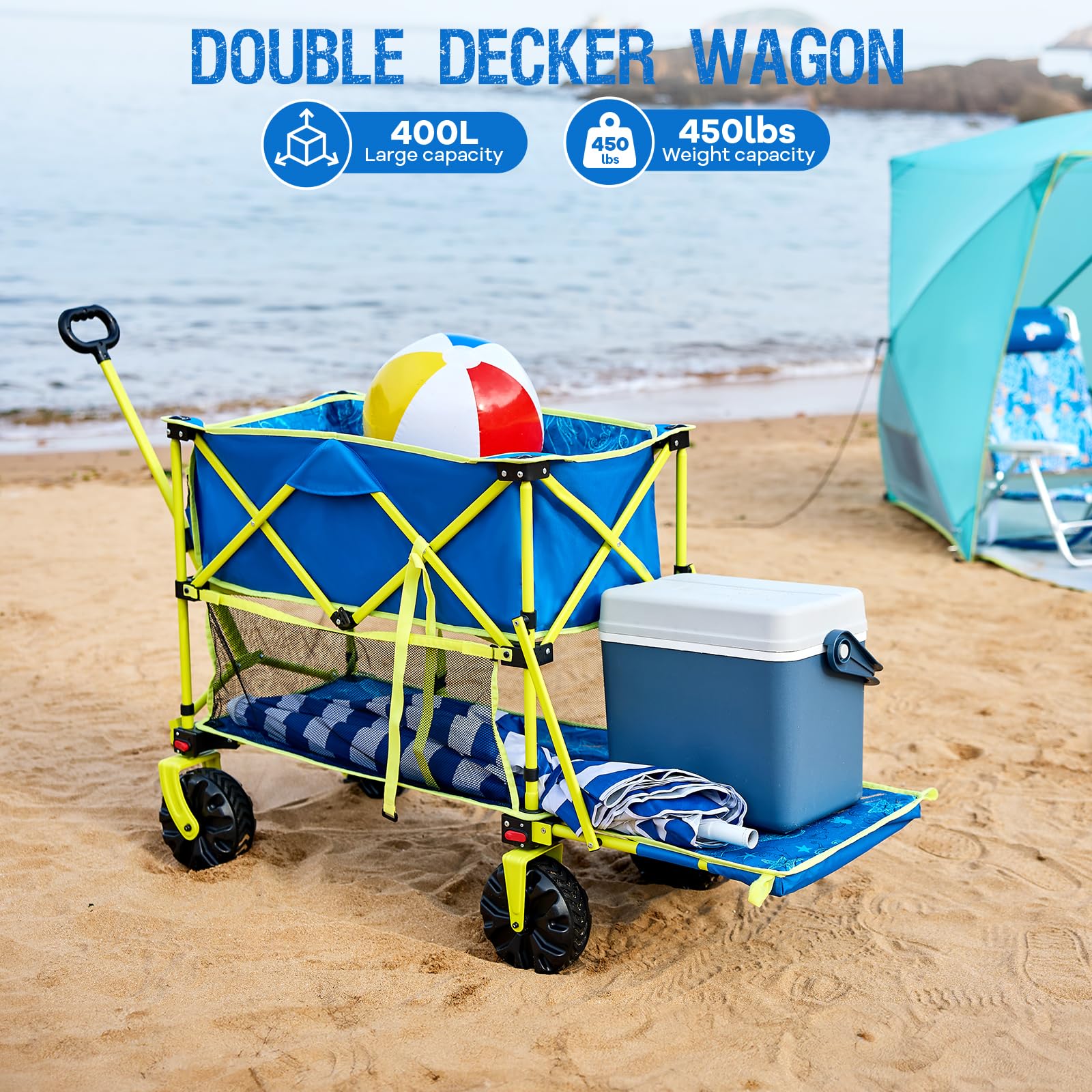 Old Bahama Bay 500lbs Love-Seat Wagon 3-in-1 Bench Wagon Seat for 2 Adults & Heavy Duty Utility Cart, 31L Detachable Cooler Bag, Adjustable Handle &Cup Holders,Perfect for The Beach, Sport, Camping