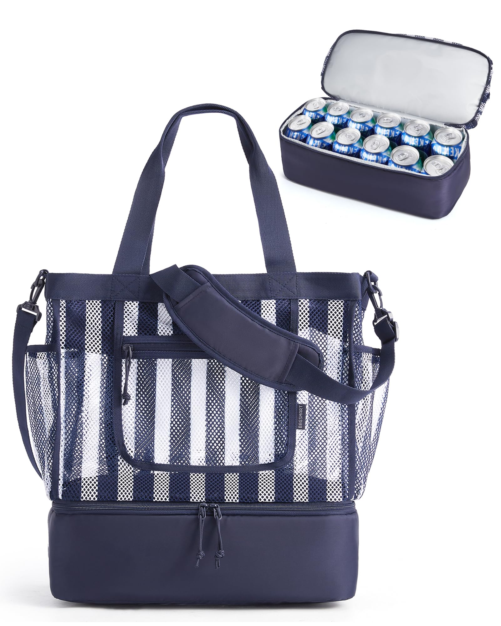 BAGSMART Beach Bag for Women, Mesh Tote Bags with Zipper, Sandproof Vacation Essentials with Cooler for Swim Cruise Pool