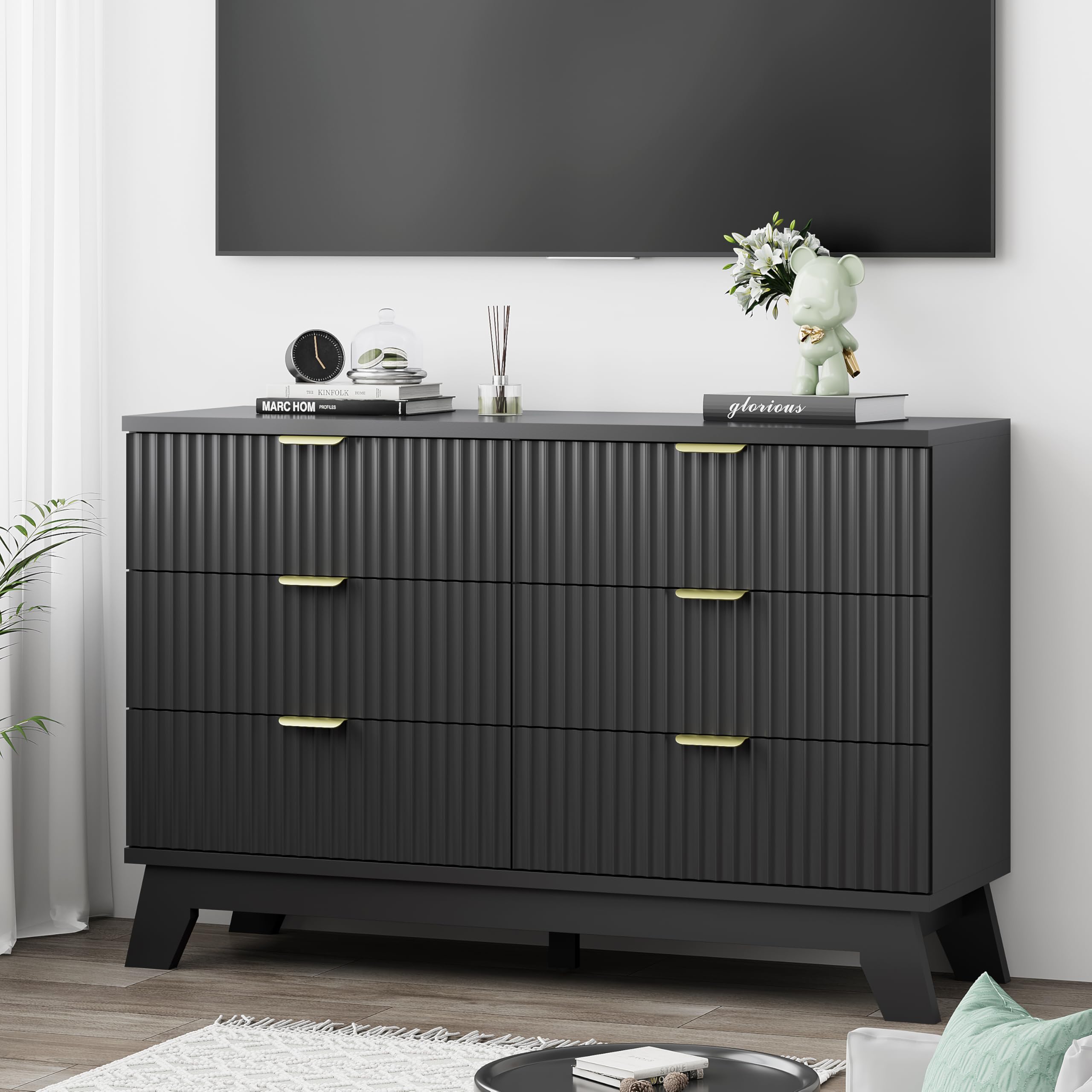 Fluted Dresser for Bedroom with 9 Drawers, 57" Wide Modern Chest of Drawers with Metal Handle, Wooden Dresser TV Stand, Wood Closet Clothes Storage Organizer for Living Room, Hallway, Natural Oak