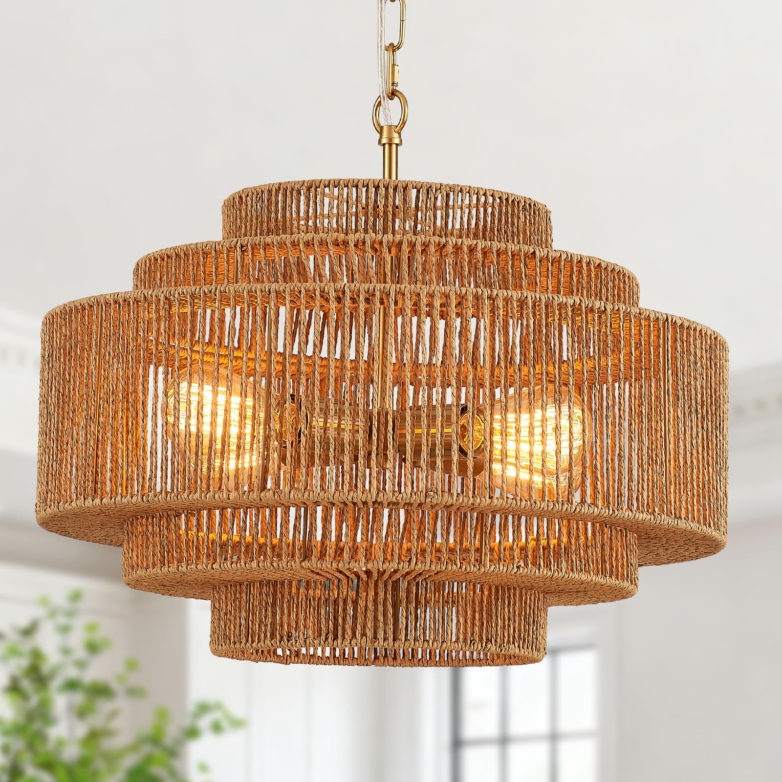 Hand-Woven Rattan Chandelier Large Boho Chandelier Living Room 25.6in Coastal 6-Light Farmhouse Vintage Wicker Bamboo Chandeliers for Bedroom Dining Room Stairway