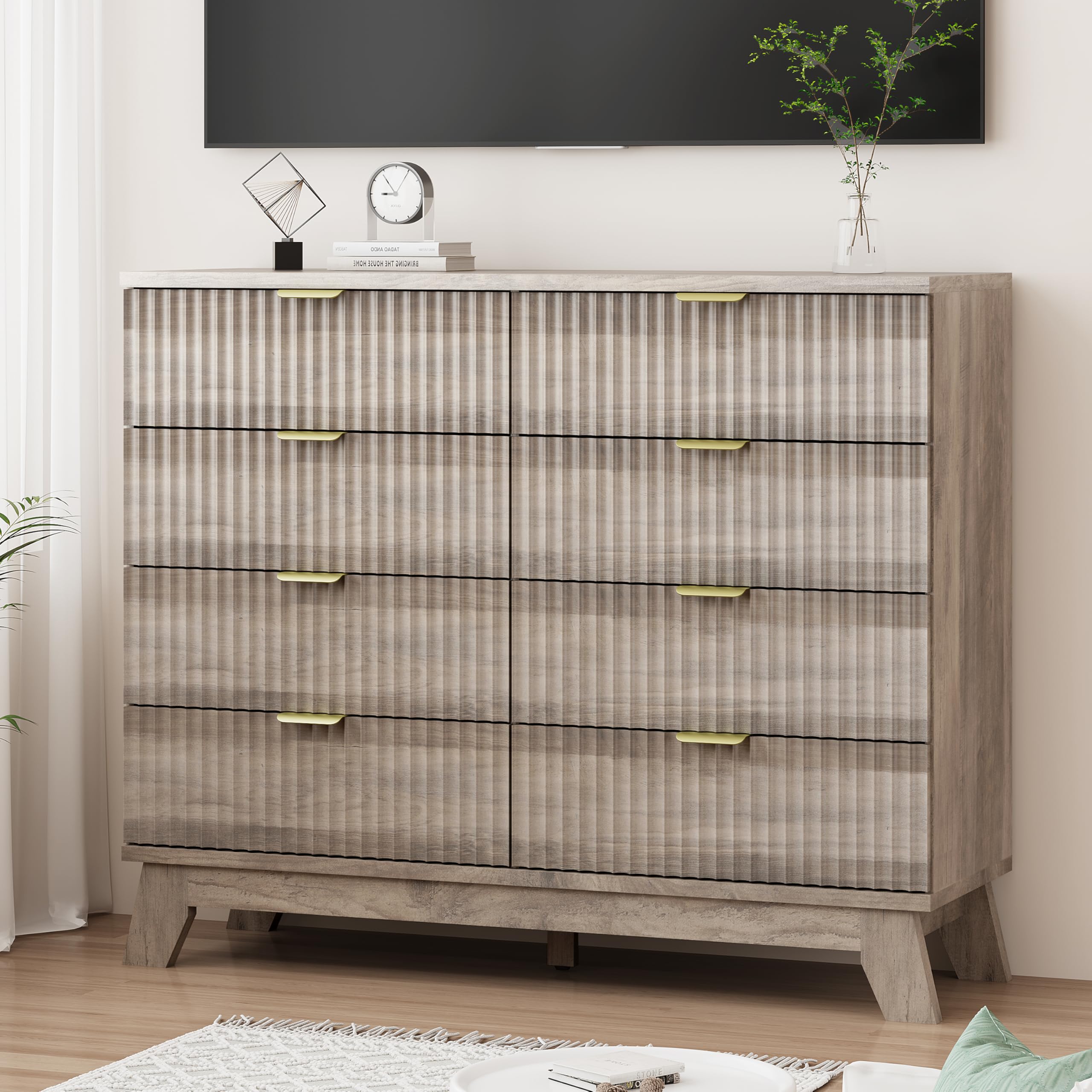Fluted Dresser for Bedroom with 9 Drawers, 57" Wide Modern Chest of Drawers with Metal Handle, Wooden Dresser TV Stand, Wood Closet Clothes Storage Organizer for Living Room, Hallway, Natural Oak