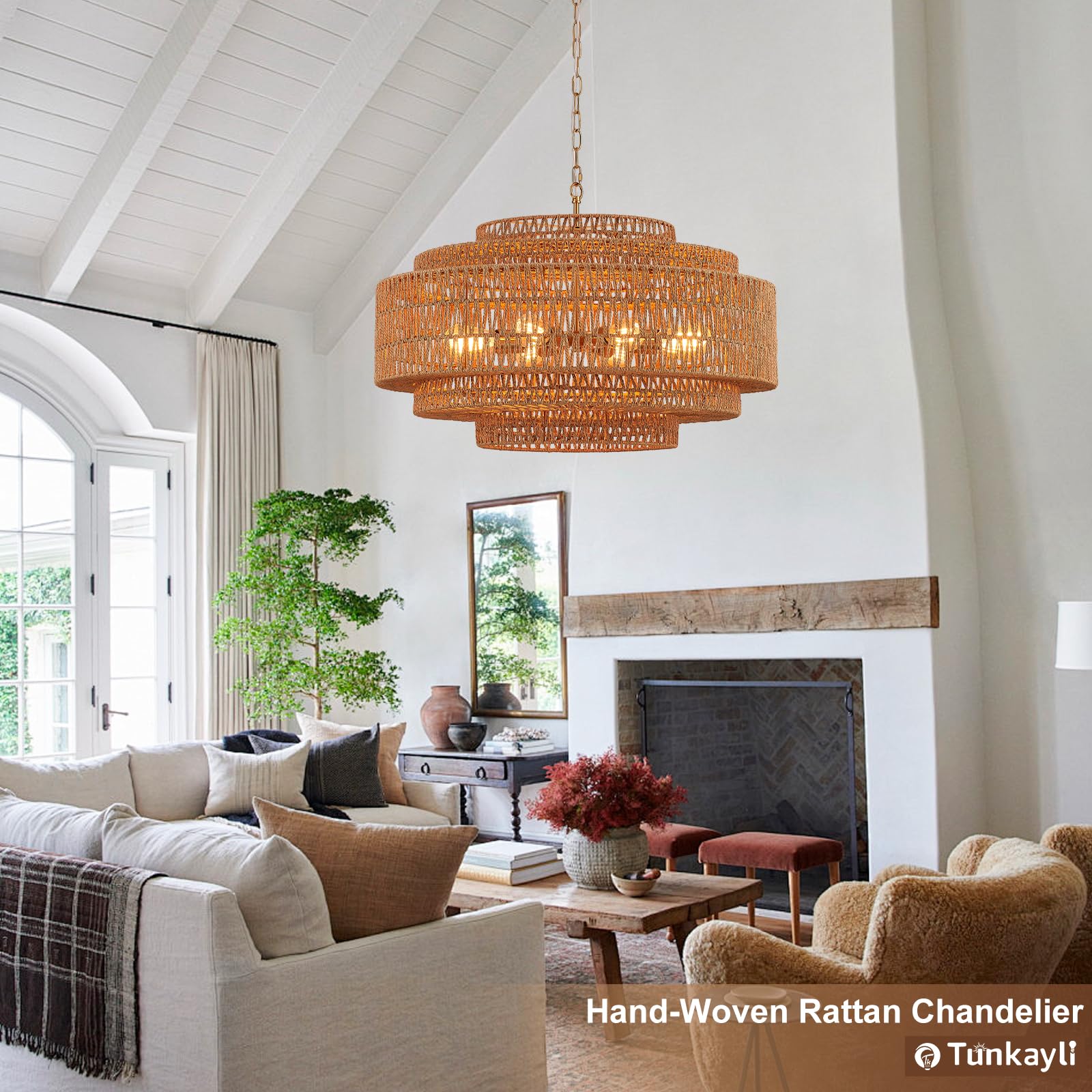 Hand-Woven Rattan Chandelier Large Boho Chandelier Living Room 25.6in Coastal 6-Light Farmhouse Vintage Wicker Bamboo Chandeliers for Bedroom Dining Room Stairway