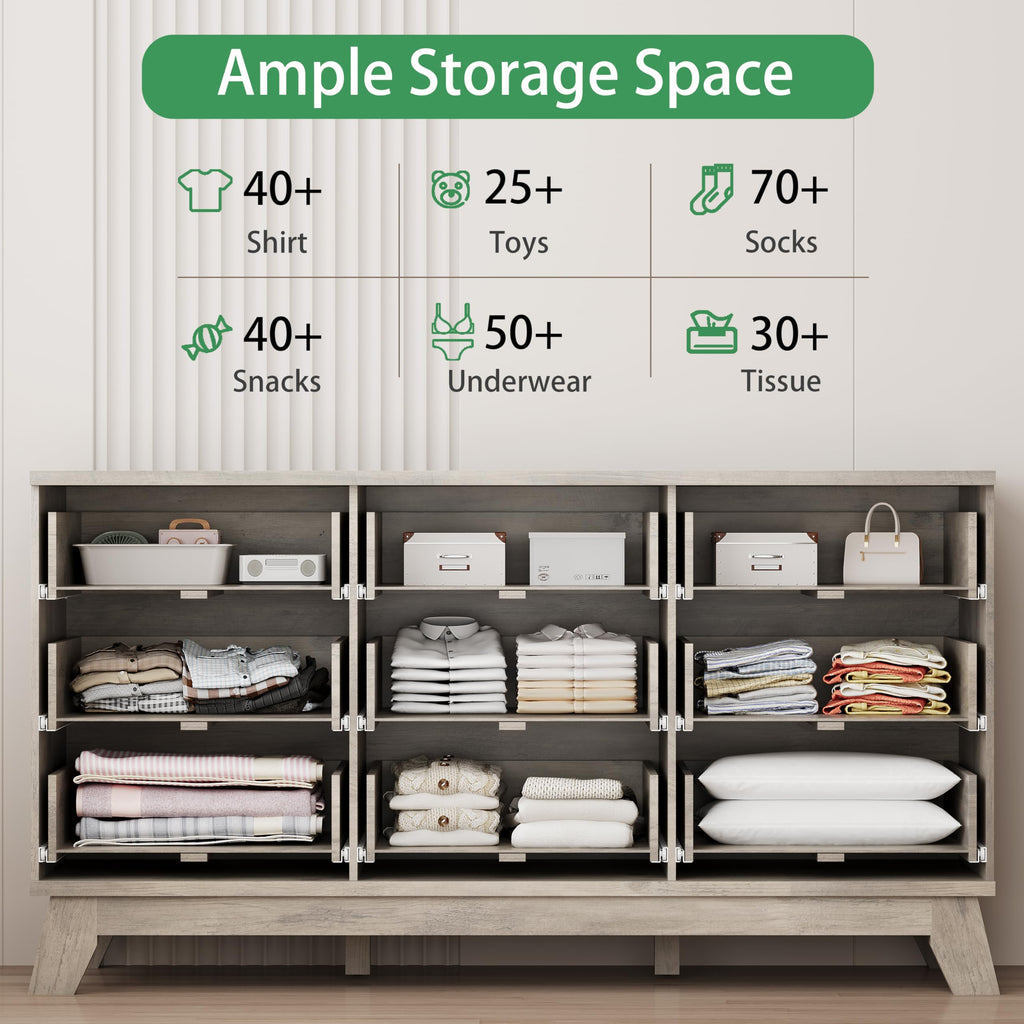 Fluted Dresser for Bedroom with 9 Drawers, 57" Wide Modern Chest of Drawers with Metal Handle, Wooden Dresser TV Stand, Wood Closet Clothes Storage Organizer for Living Room, Hallway, Natural Oak