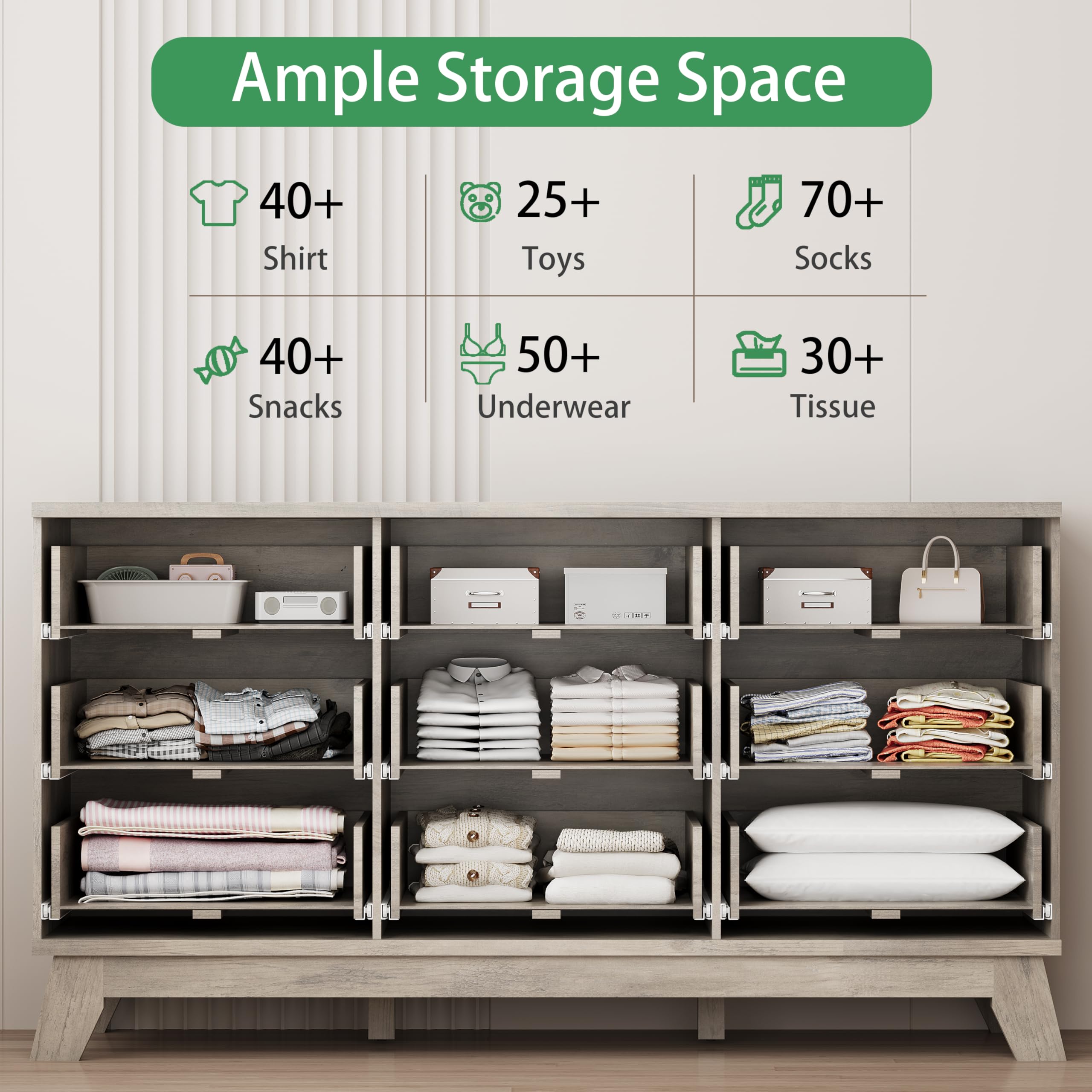 Fluted Dresser for Bedroom with 9 Drawers, 57" Wide Modern Chest of Drawers with Metal Handle, Wooden Dresser TV Stand, Wood Closet Clothes Storage Organizer for Living Room, Hallway, Natural Oak