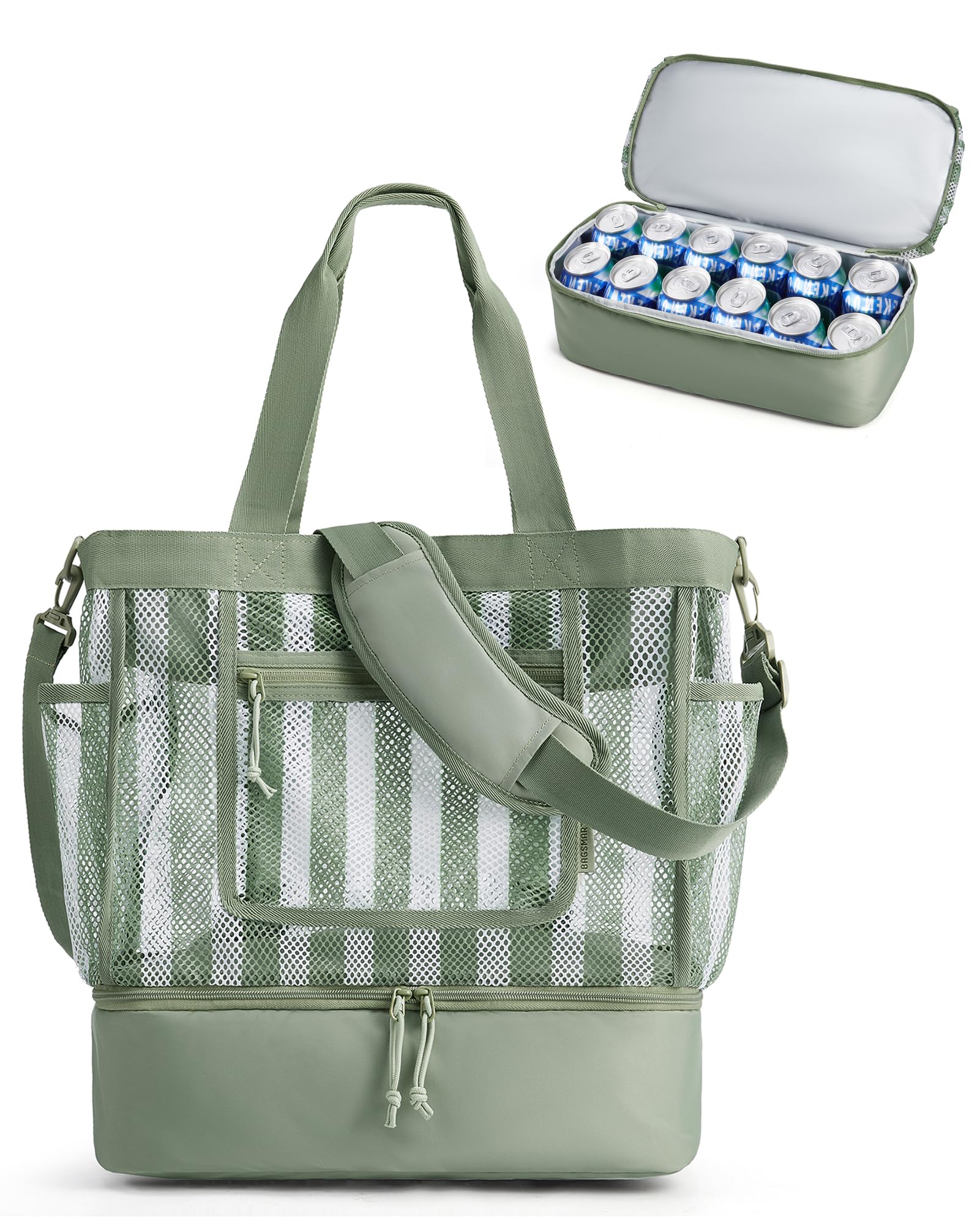 BAGSMART Beach Bag for Women, Mesh Tote Bags with Zipper, Sandproof Vacation Essentials with Cooler for Swim Cruise Pool
