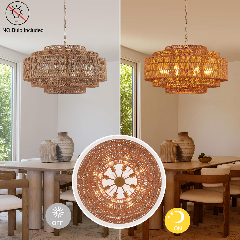Hand-Woven Rattan Chandelier Large Boho Chandelier Living Room 25.6in Coastal 6-Light Farmhouse Vintage Wicker Bamboo Chandeliers for Bedroom Dining Room Stairway