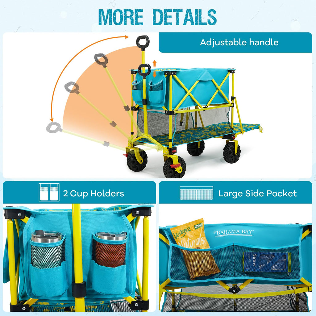 Old Bahama Bay 500lbs Love-Seat Wagon 3-in-1 Bench Wagon Seat for 2 Adults & Heavy Duty Utility Cart, 31L Detachable Cooler Bag, Adjustable Handle &Cup Holders,Perfect for The Beach, Sport, Camping