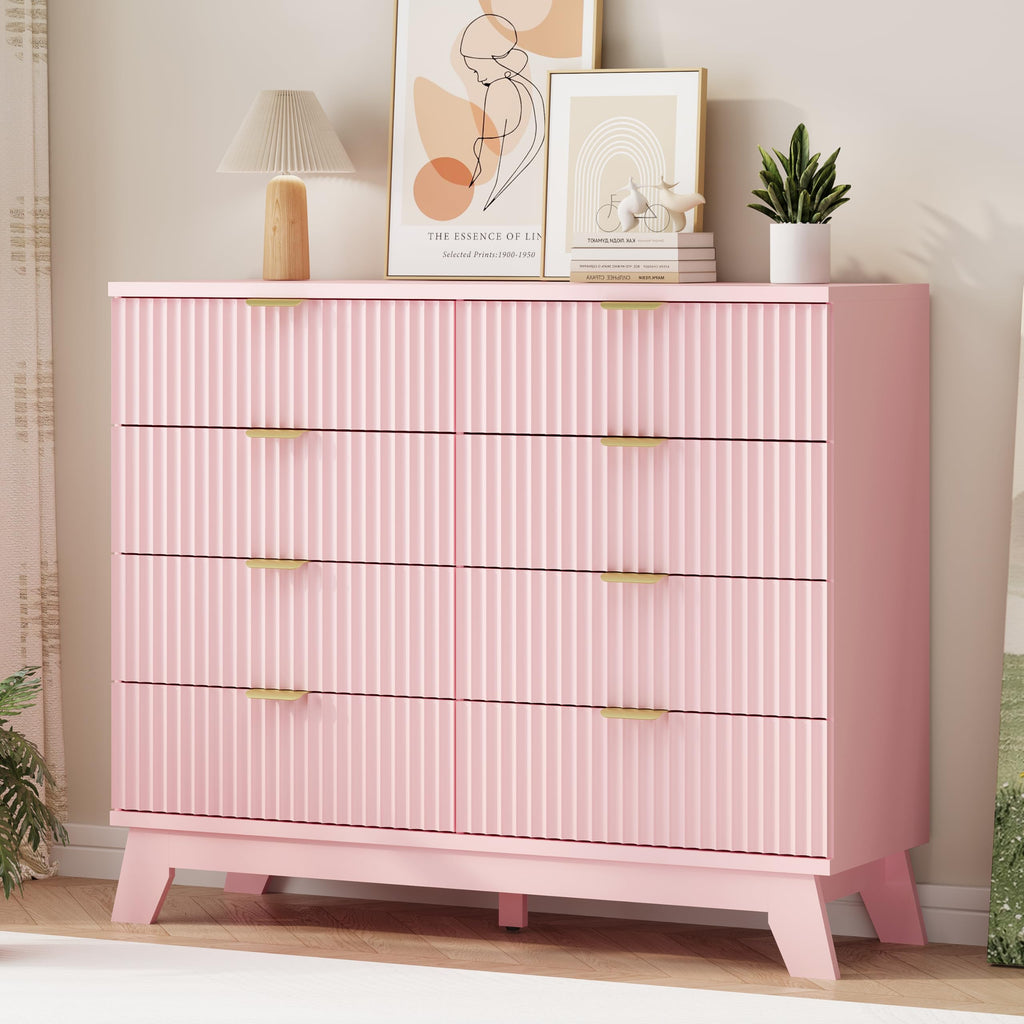 Fluted Dresser for Bedroom with 9 Drawers, 57" Wide Modern Chest of Drawers with Metal Handle, Wooden Dresser TV Stand, Wood Closet Clothes Storage Organizer for Living Room, Hallway, Natural Oak