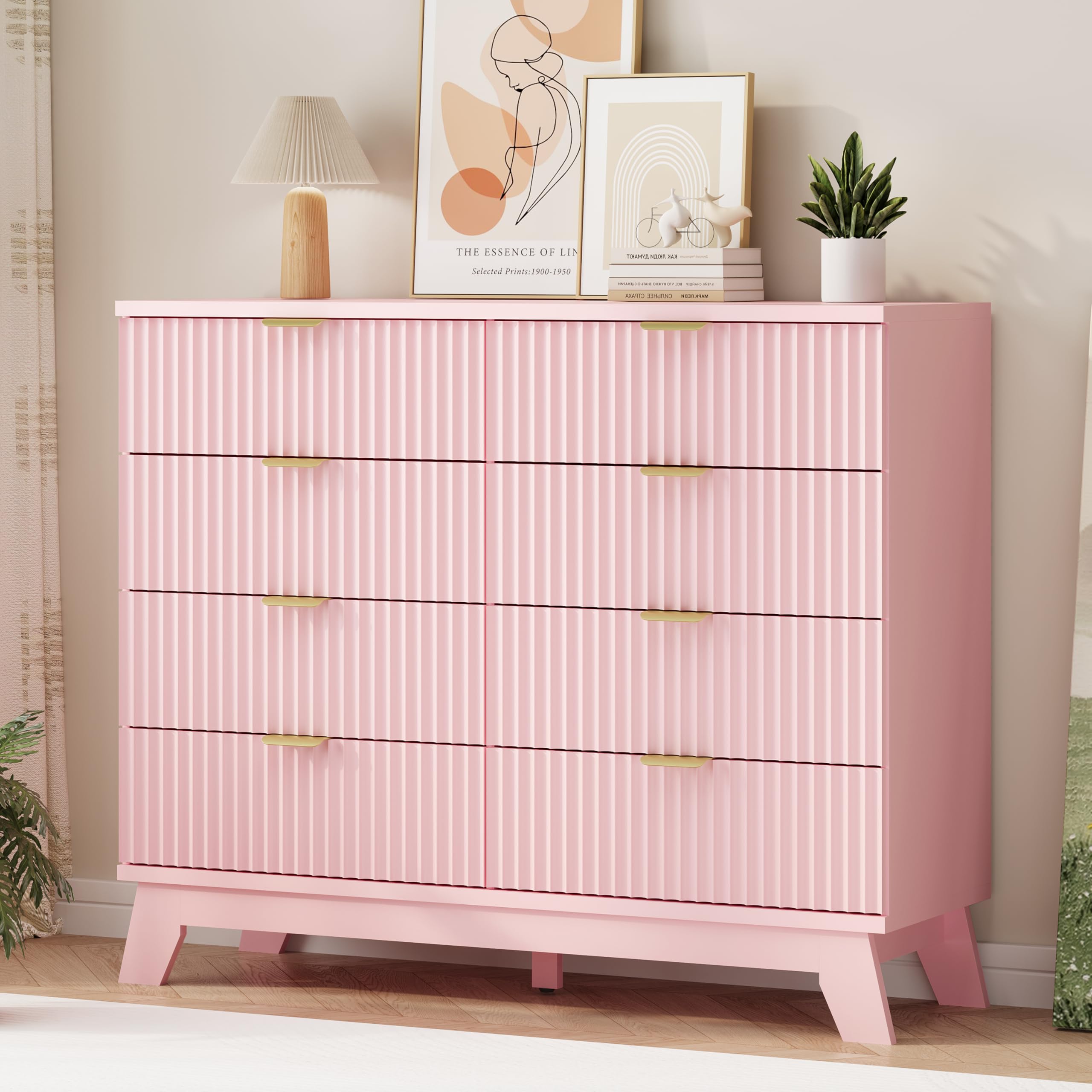 Fluted Dresser for Bedroom with 9 Drawers, 57" Wide Modern Chest of Drawers with Metal Handle, Wooden Dresser TV Stand, Wood Closet Clothes Storage Organizer for Living Room, Hallway, Natural Oak