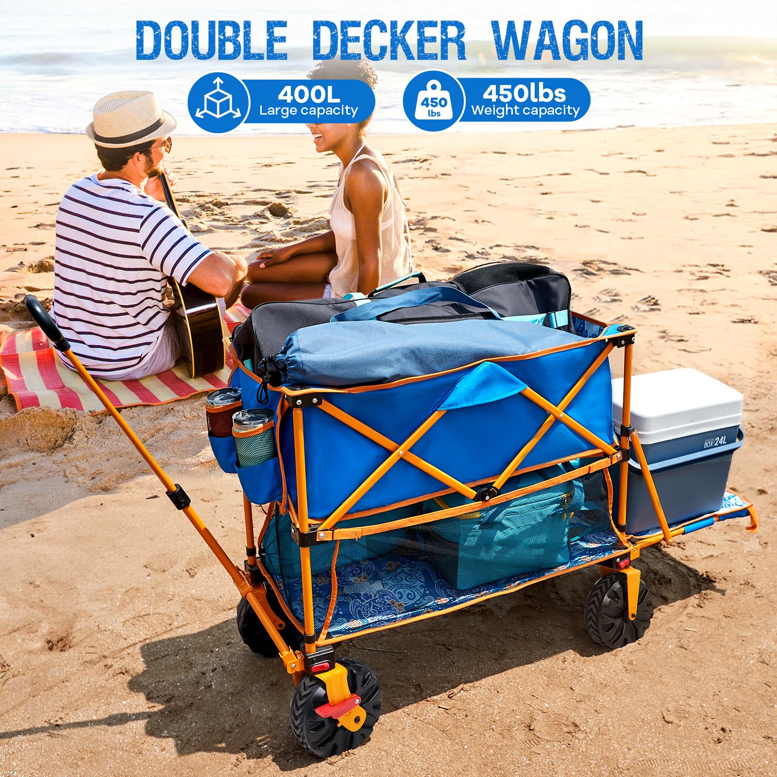 Old Bahama Bay 500lbs Love-Seat Wagon 3-in-1 Bench Wagon Seat for 2 Adults & Heavy Duty Utility Cart, 31L Detachable Cooler Bag, Adjustable Handle &Cup Holders,Perfect for The Beach, Sport, Camping