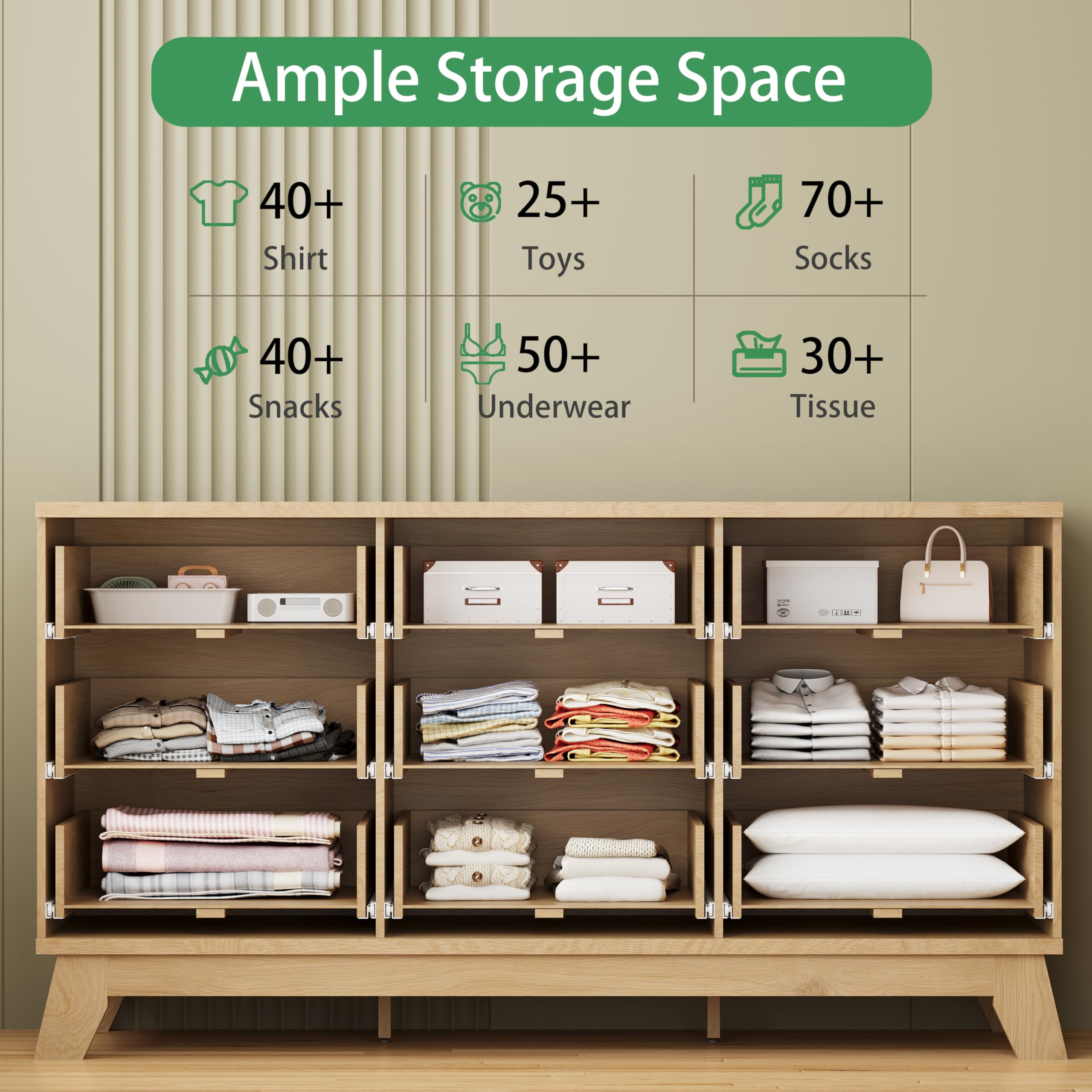 Fluted Dresser for Bedroom with 9 Drawers, 57" Wide Modern Chest of Drawers with Metal Handle, Wooden Dresser TV Stand, Wood Closet Clothes Storage Organizer for Living Room, Hallway, Natural Oak