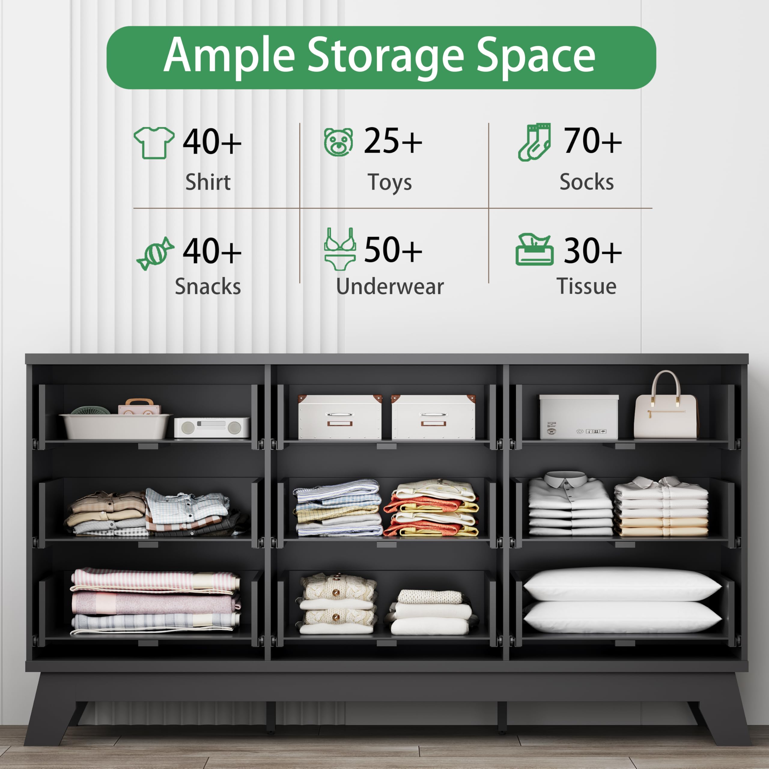 Fluted Dresser for Bedroom with 9 Drawers, 57" Wide Modern Chest of Drawers with Metal Handle, Wooden Dresser TV Stand, Wood Closet Clothes Storage Organizer for Living Room, Hallway, Natural Oak