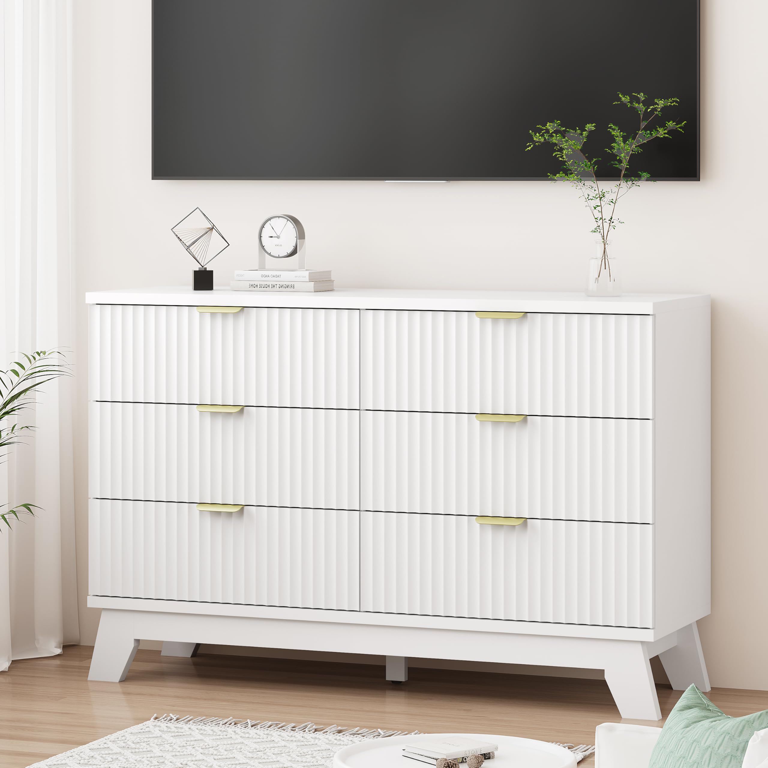 Fluted Dresser for Bedroom with 9 Drawers, 57" Wide Modern Chest of Drawers with Metal Handle, Wooden Dresser TV Stand, Wood Closet Clothes Storage Organizer for Living Room, Hallway, Natural Oak