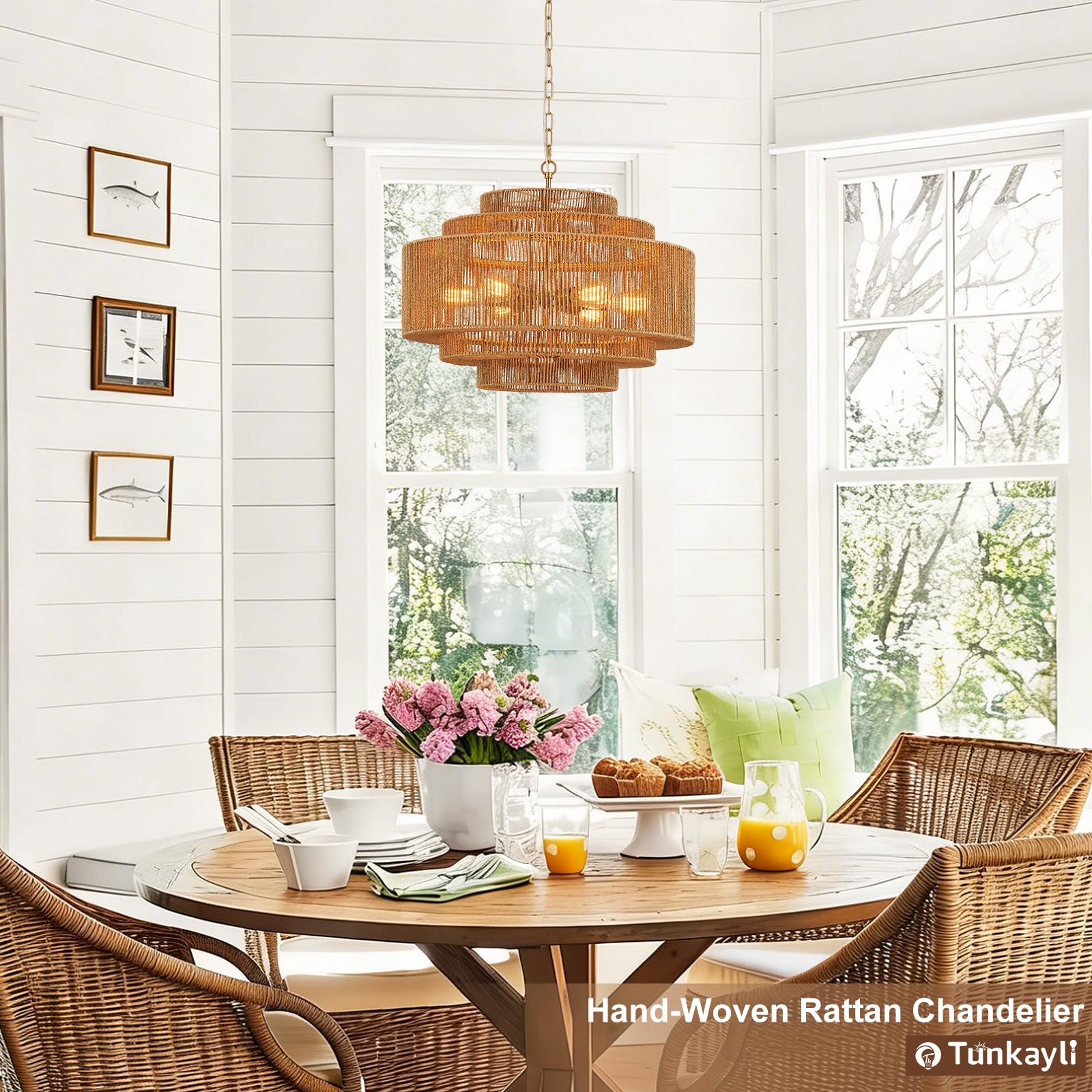 Hand-Woven Rattan Chandelier Large Boho Chandelier Living Room 25.6in Coastal 6-Light Farmhouse Vintage Wicker Bamboo Chandeliers for Bedroom Dining Room Stairway
