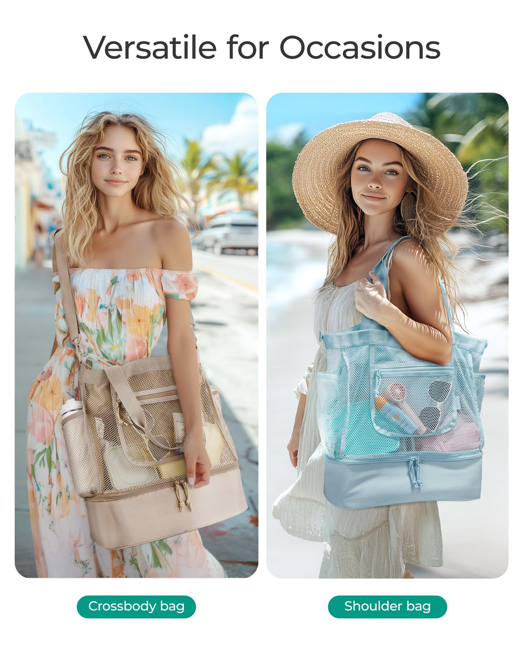 BAGSMART Beach Bag for Women, Mesh Tote Bags with Zipper, Sandproof Vacation Essentials with Cooler for Swim Cruise Pool