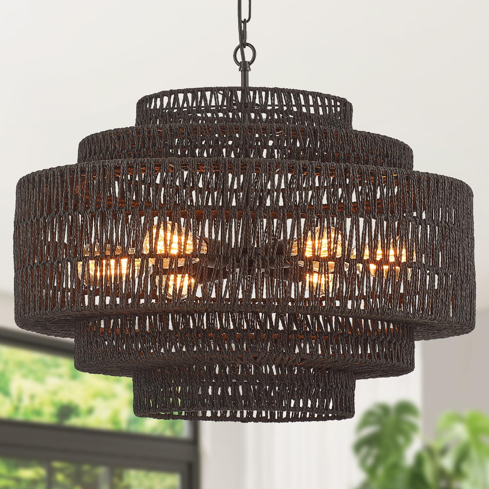 Hand-Woven Rattan Chandelier Large Boho Chandelier Living Room 25.6in Coastal 6-Light Farmhouse Vintage Wicker Bamboo Chandeliers for Bedroom Dining Room Stairway