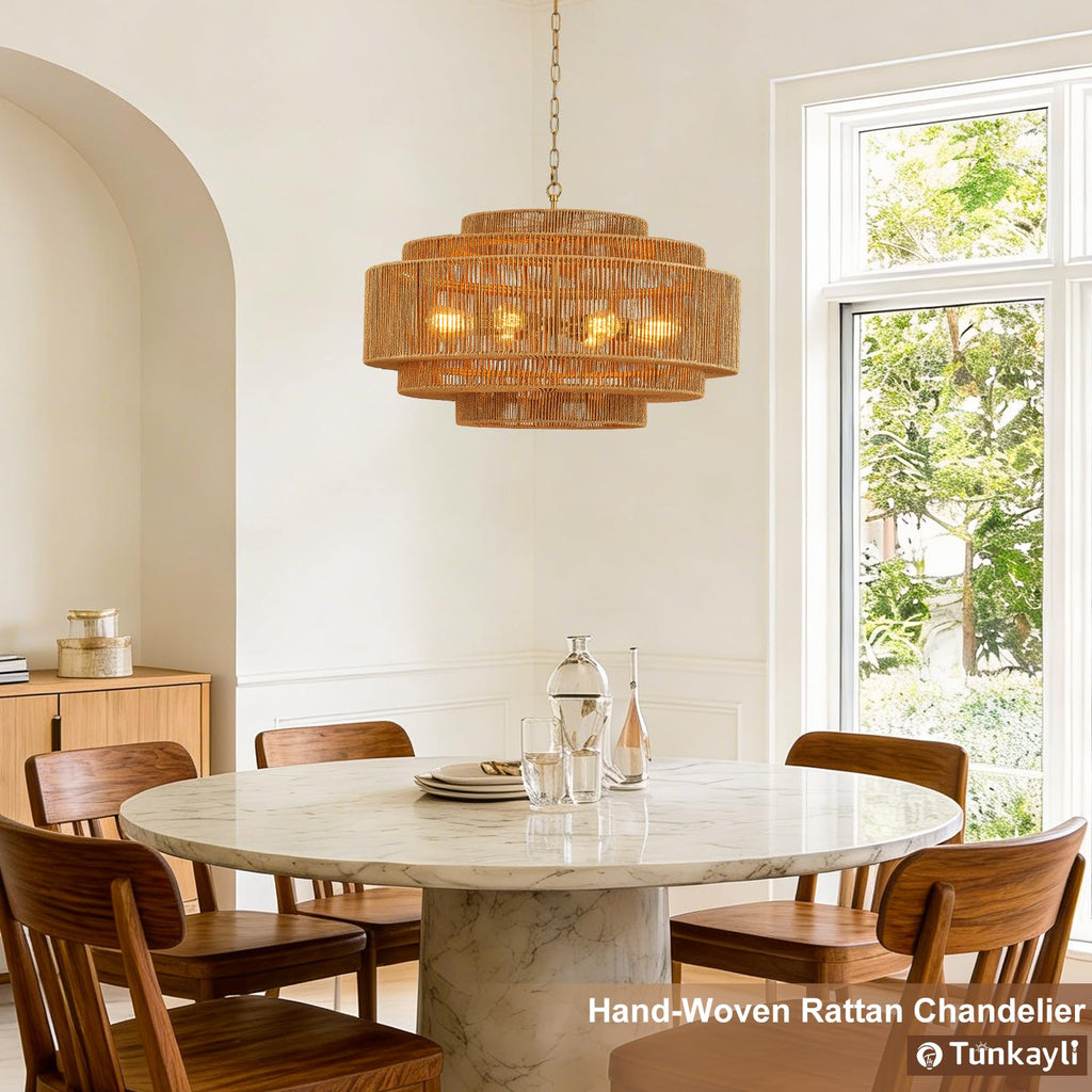 Hand-Woven Rattan Chandelier Large Boho Chandelier Living Room 25.6in Coastal 6-Light Farmhouse Vintage Wicker Bamboo Chandeliers for Bedroom Dining Room Stairway