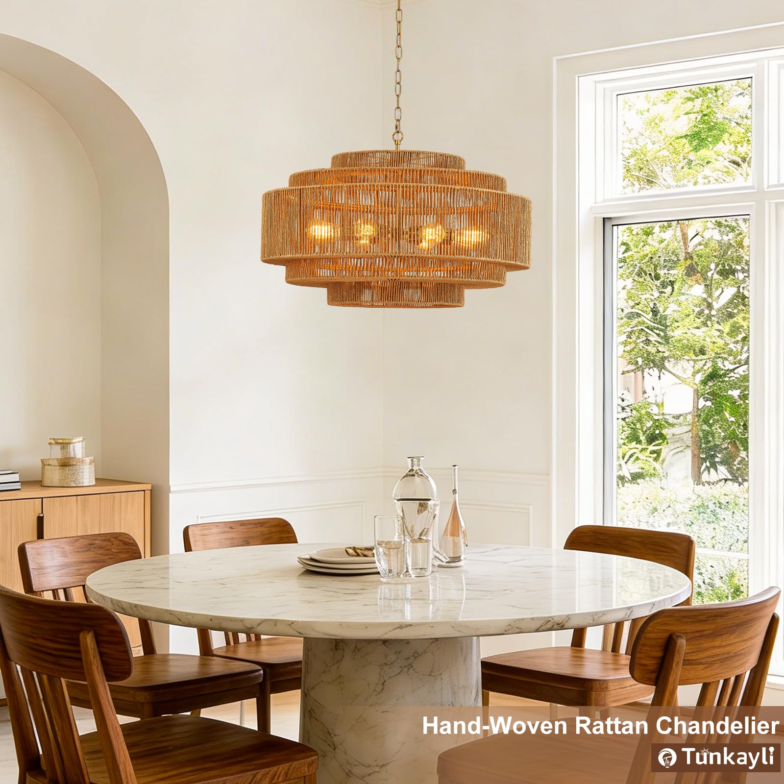 Hand-Woven Rattan Chandelier Large Boho Chandelier Living Room 25.6in Coastal 6-Light Farmhouse Vintage Wicker Bamboo Chandeliers for Bedroom Dining Room Stairway