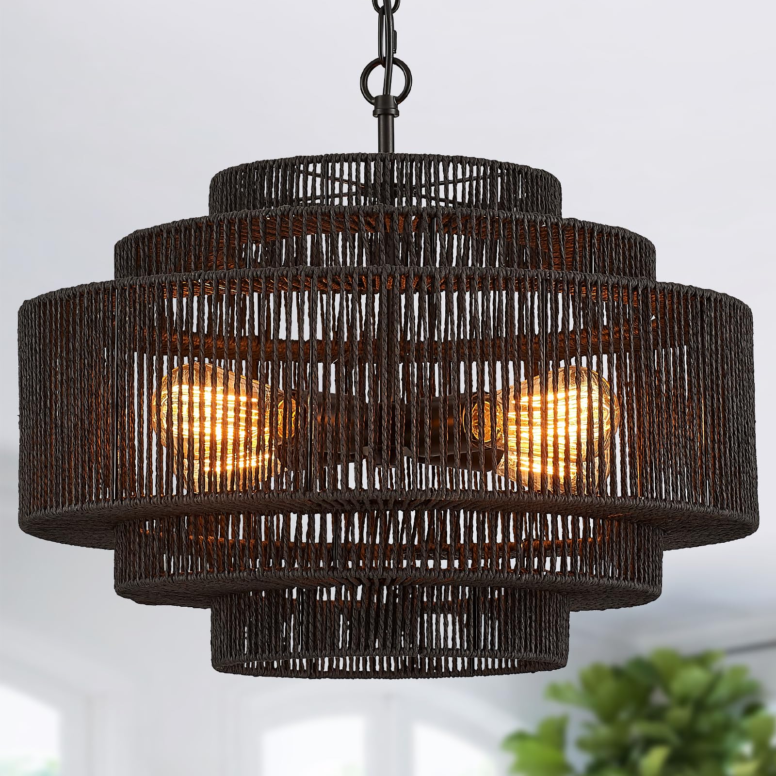 Hand-Woven Rattan Chandelier Large Boho Chandelier Living Room 25.6in Coastal 6-Light Farmhouse Vintage Wicker Bamboo Chandeliers for Bedroom Dining Room Stairway