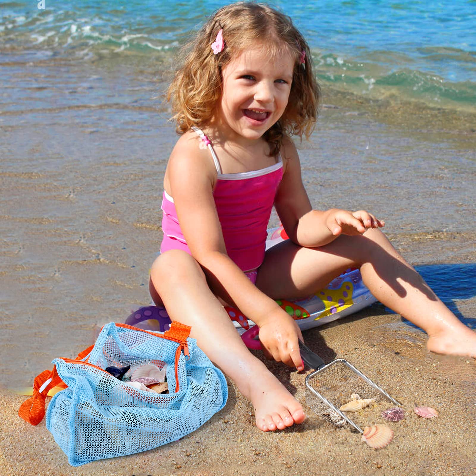 Vodolo Beach Mesh Shovel with Mesh Beach Bag for Shell Collecting, Kids Filter Sand Scooper for Picking Up Shells, Shark Tooth Sifter Dipper for Boys and Girls, Toy