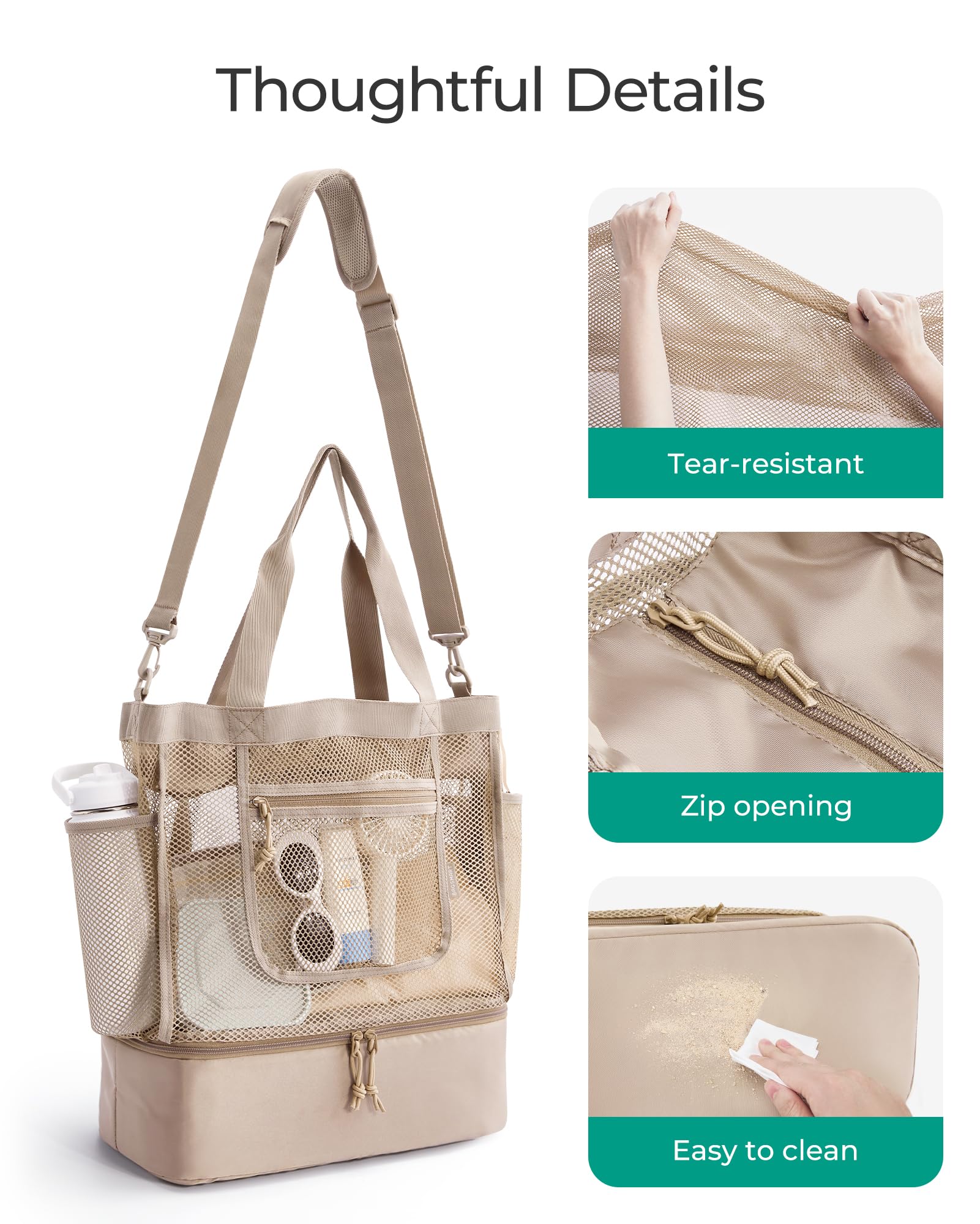 BAGSMART Beach Bag for Women, Mesh Tote Bags with Zipper, Sandproof Vacation Essentials with Cooler for Swim Cruise Pool