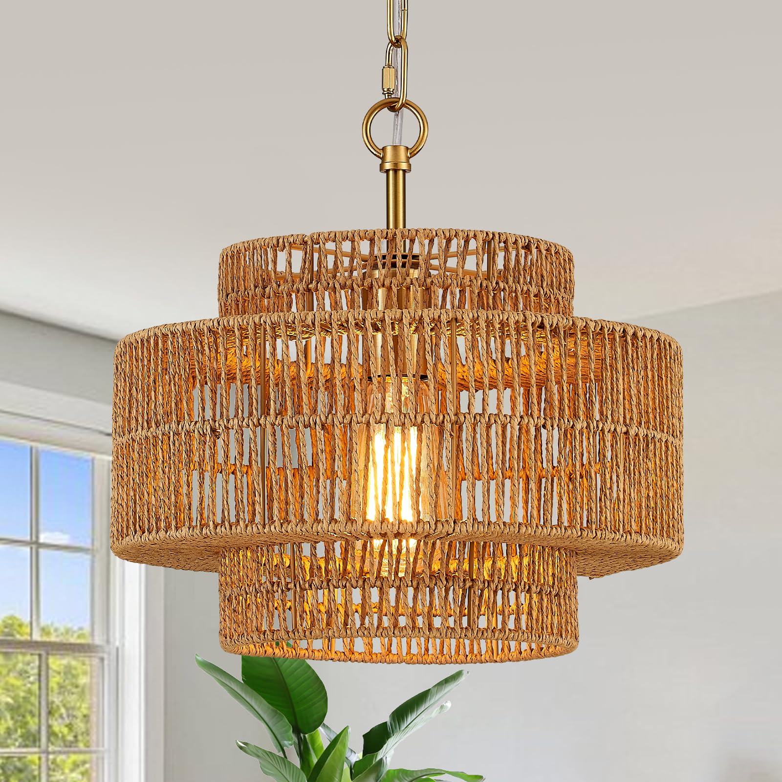 Hand-Woven Rattan Chandelier Large Boho Chandelier Living Room 25.6in Coastal 6-Light Farmhouse Vintage Wicker Bamboo Chandeliers for Bedroom Dining Room Stairway