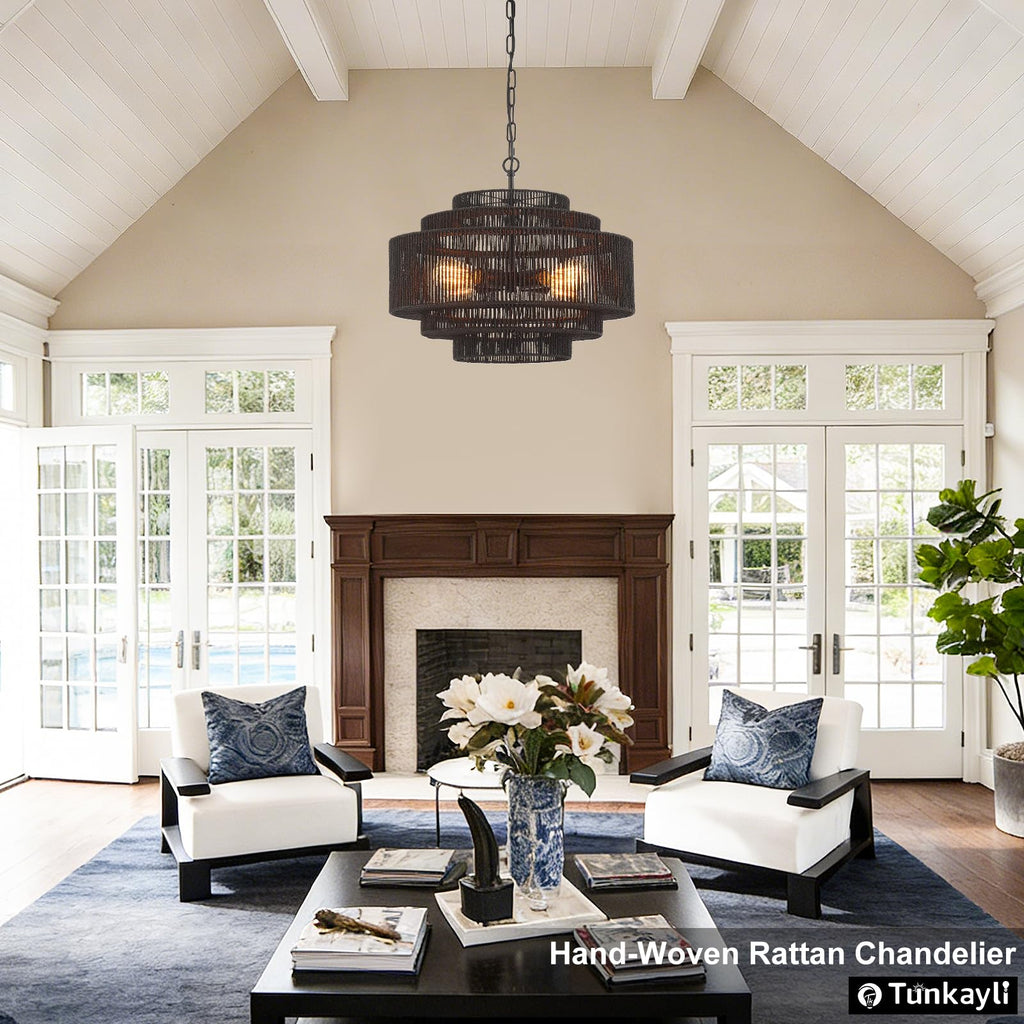 Hand-Woven Rattan Chandelier Large Boho Chandelier Living Room 25.6in Coastal 6-Light Farmhouse Vintage Wicker Bamboo Chandeliers for Bedroom Dining Room Stairway