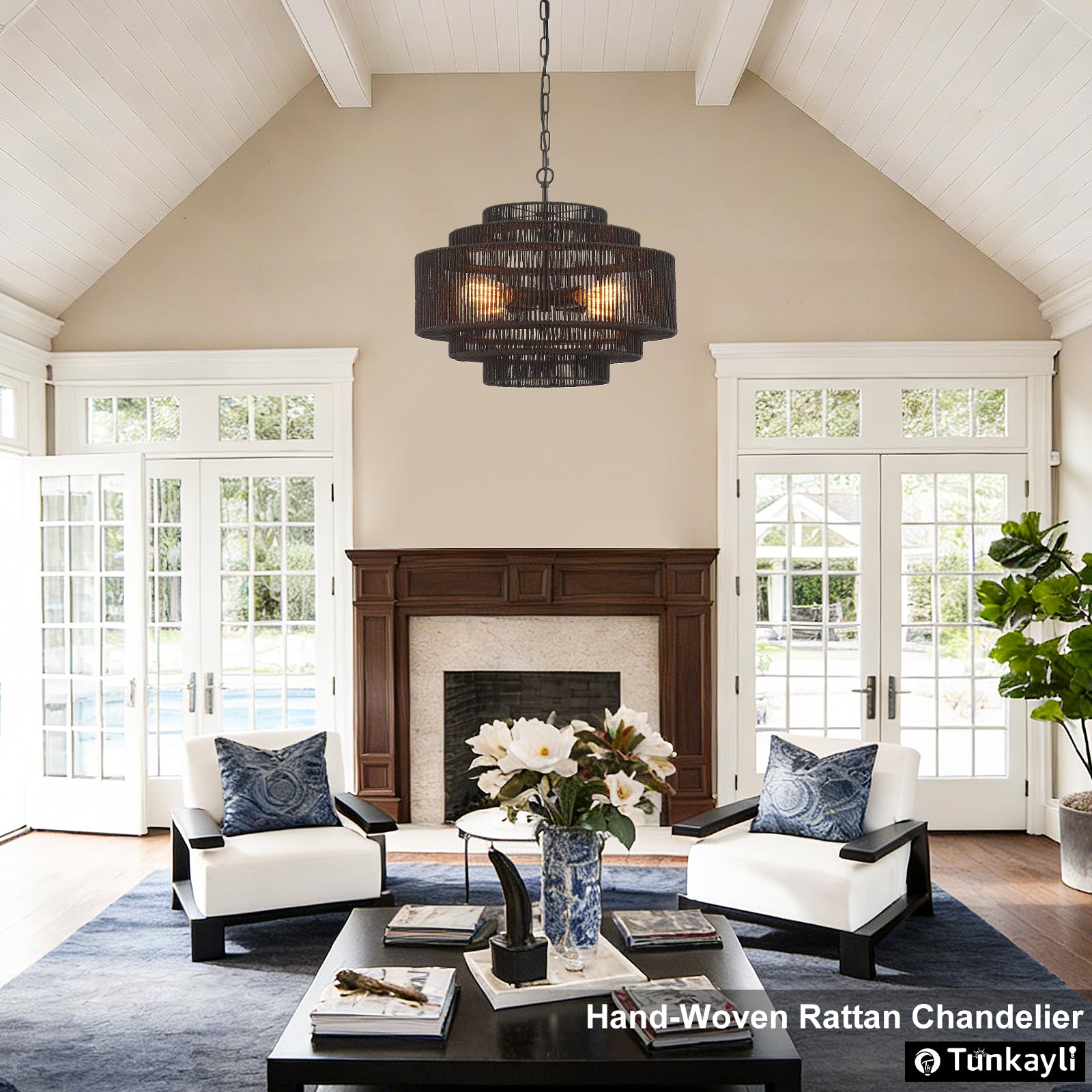 Hand-Woven Rattan Chandelier Large Boho Chandelier Living Room 25.6in Coastal 6-Light Farmhouse Vintage Wicker Bamboo Chandeliers for Bedroom Dining Room Stairway