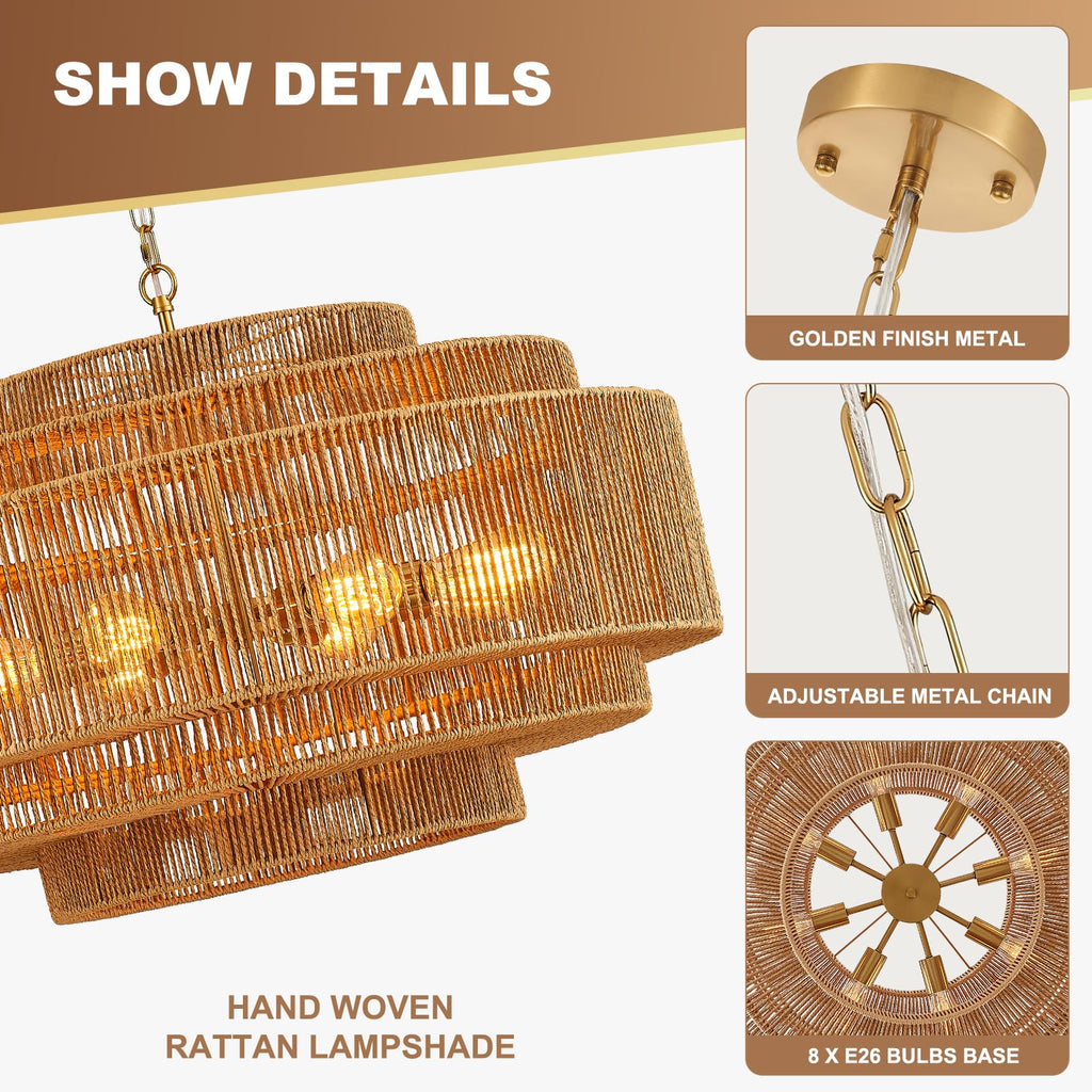 Hand-Woven Rattan Chandelier Large Boho Chandelier Living Room 25.6in Coastal 6-Light Farmhouse Vintage Wicker Bamboo Chandeliers for Bedroom Dining Room Stairway