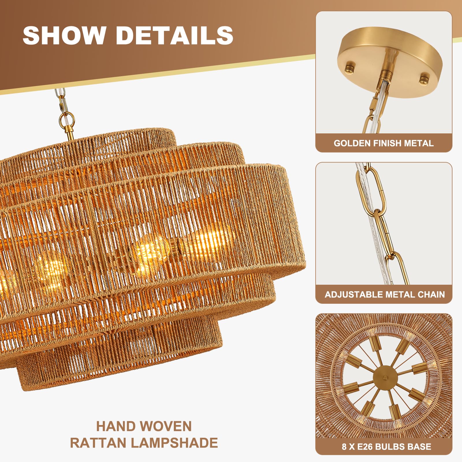 Hand-Woven Rattan Chandelier Large Boho Chandelier Living Room 25.6in Coastal 6-Light Farmhouse Vintage Wicker Bamboo Chandeliers for Bedroom Dining Room Stairway