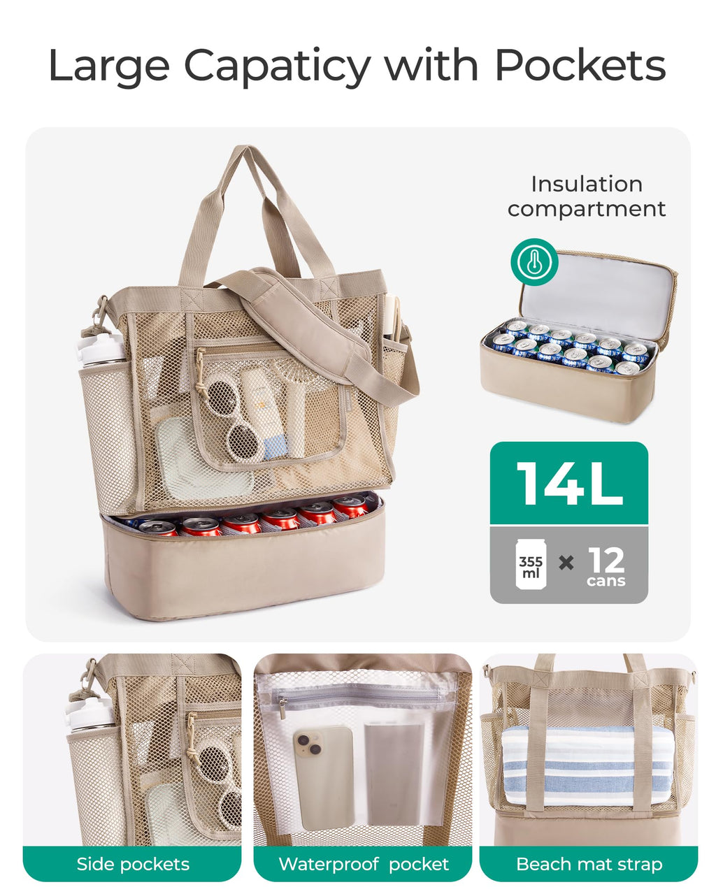 BAGSMART Beach Bag for Women, Mesh Tote Bags with Zipper, Sandproof Vacation Essentials with Cooler for Swim Cruise Pool