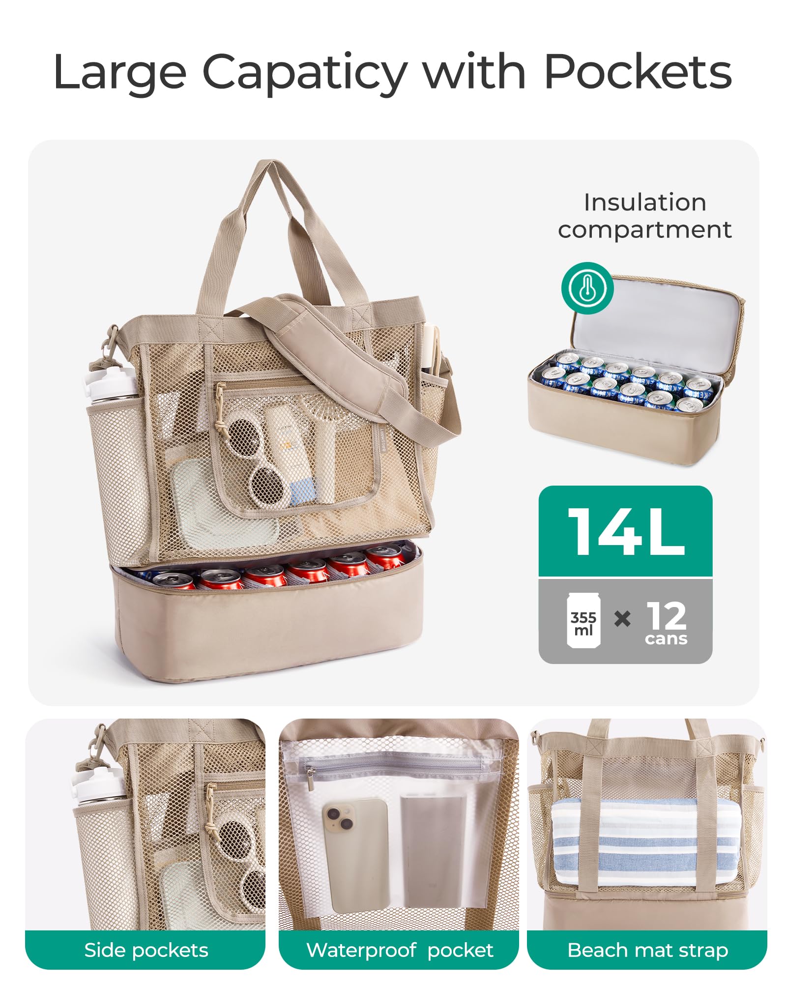 BAGSMART Beach Bag for Women, Mesh Tote Bags with Zipper, Sandproof Vacation Essentials with Cooler for Swim Cruise Pool