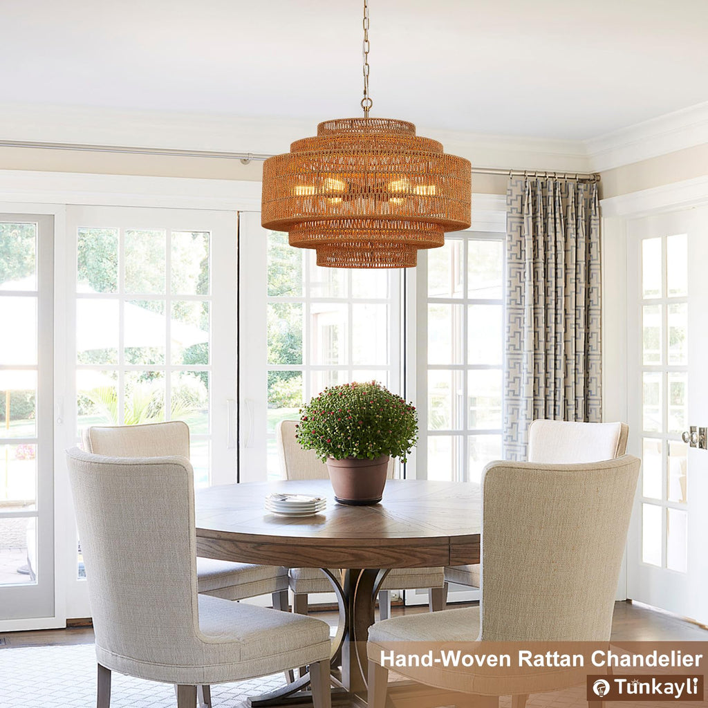 Hand-Woven Rattan Chandelier Large Boho Chandelier Living Room 25.6in Coastal 6-Light Farmhouse Vintage Wicker Bamboo Chandeliers for Bedroom Dining Room Stairway